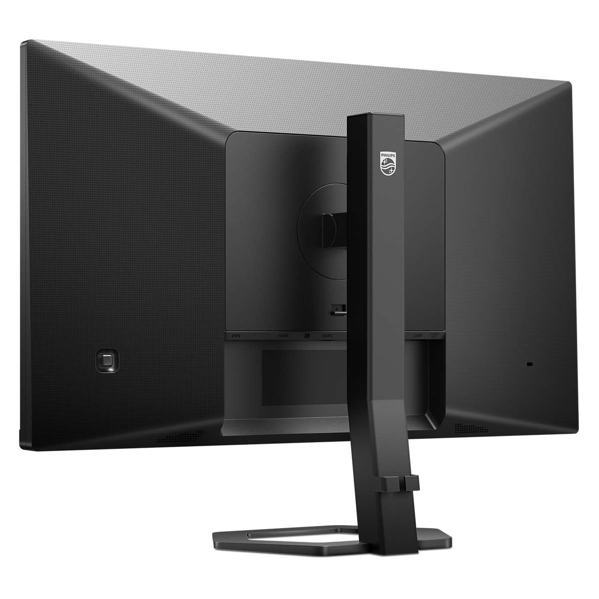 Retro di un monitor Philips nero con supporto, su sfondo bianco.