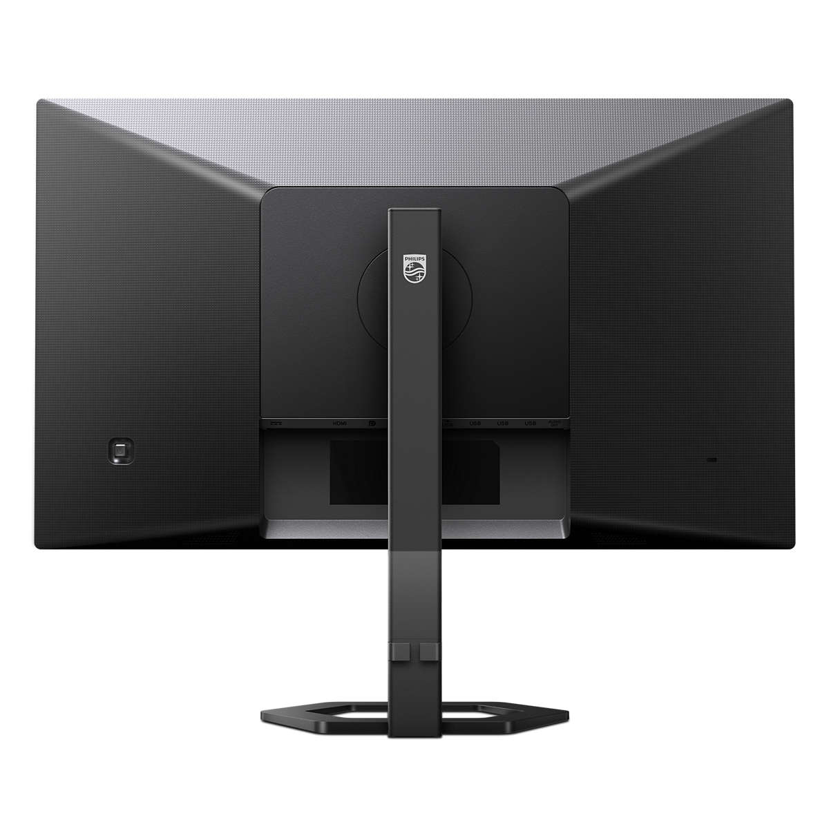 Retro di un monitor Philips, che mostra porte e connessione del supporto. Nero con superficie strutturata.