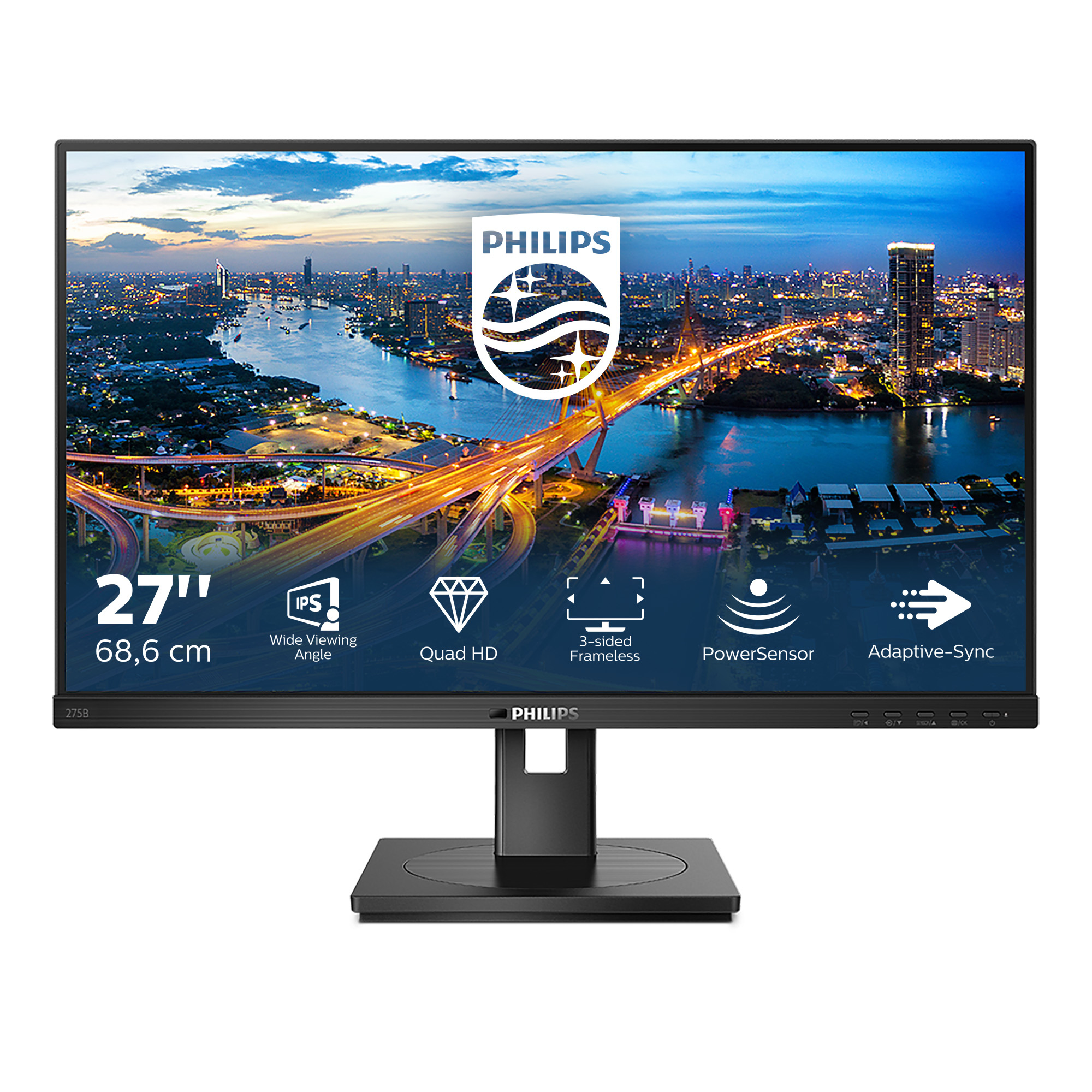 Monitor Philips wyświetlający scenę miejską, ze specyfikacjami i logo marki.