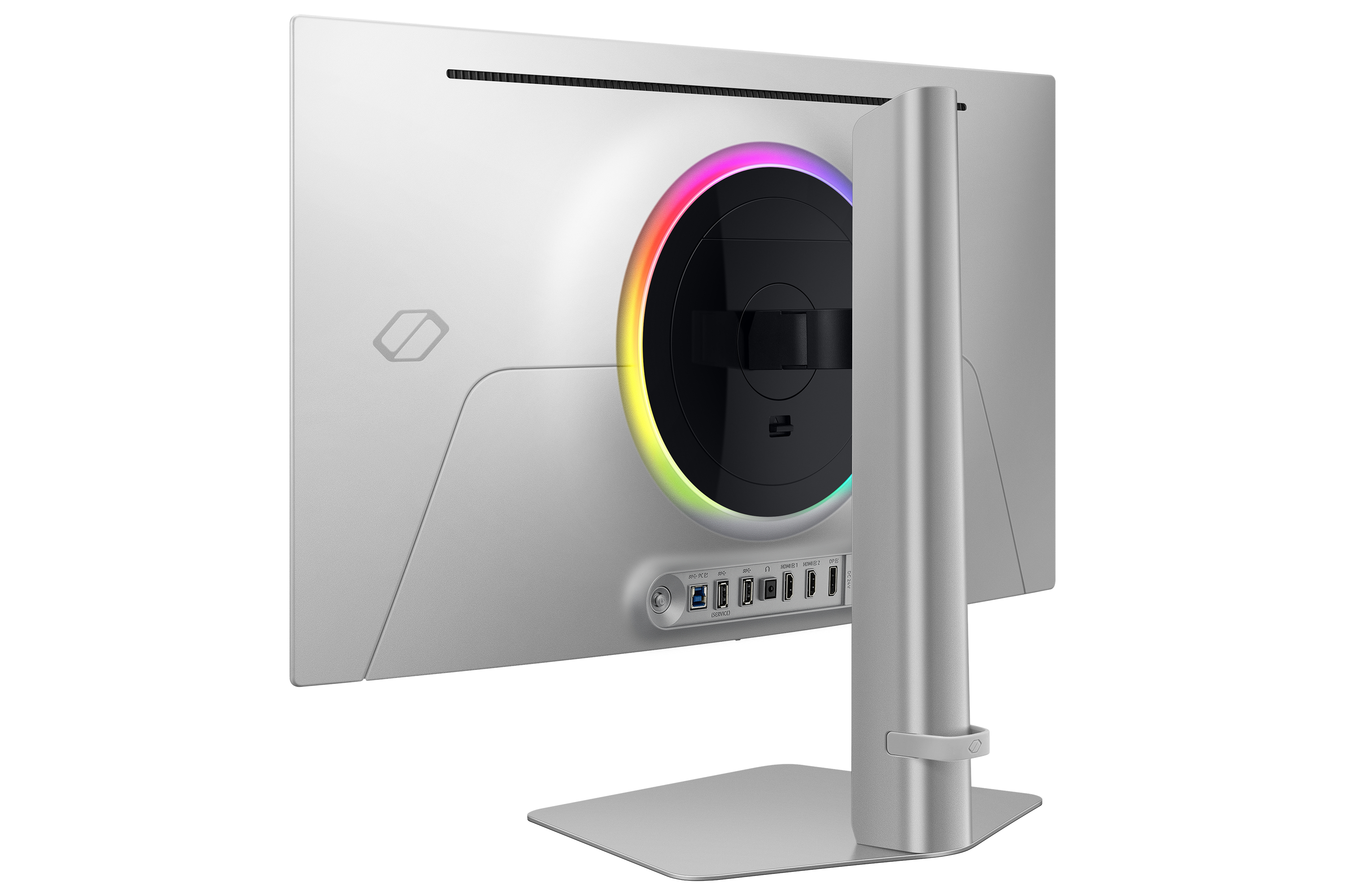 Widok z tyłu białego monitora z okrągłym światłem i srebrnym stojakiem, pokazujący porty i logo.