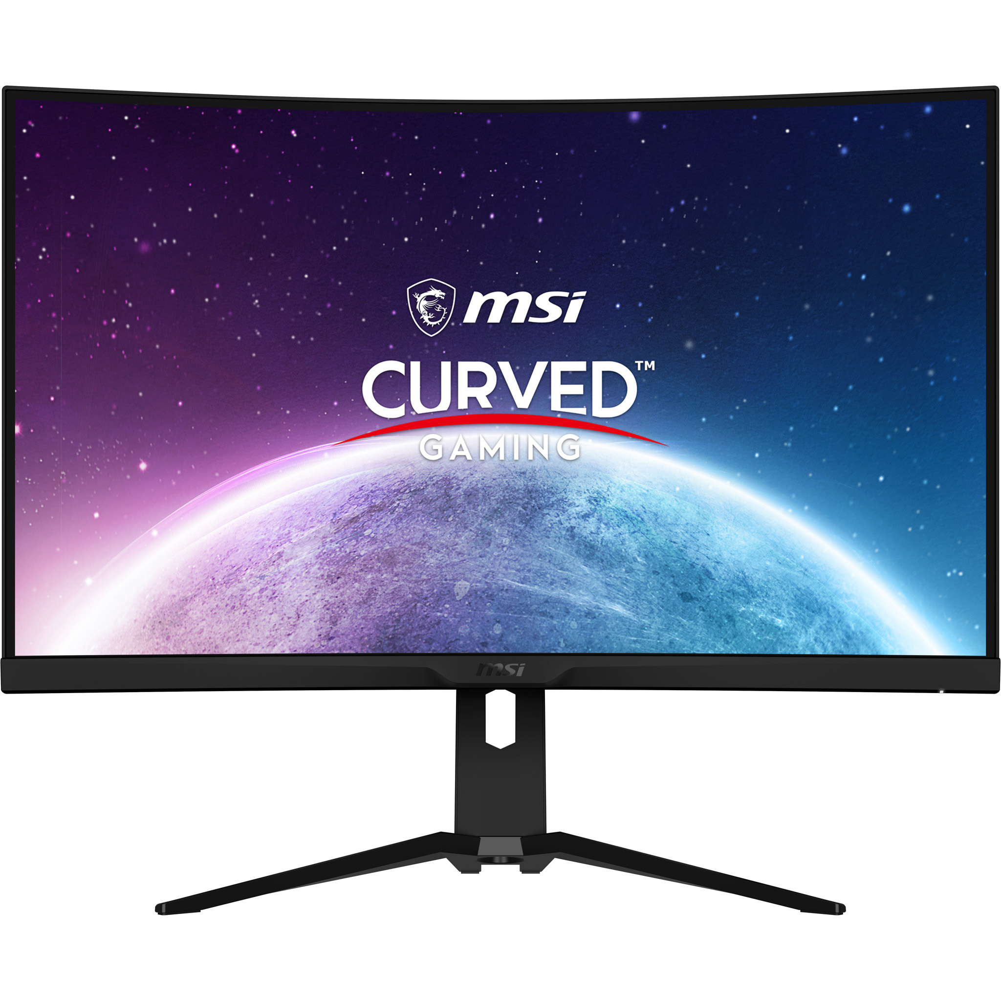 Ein gekrümmter Gaming-Monitor von MSI zeigt eine kosmische Szene, der Bildschirm ist schwarz mit schwarzem Ständer, weißer Hintergrund.