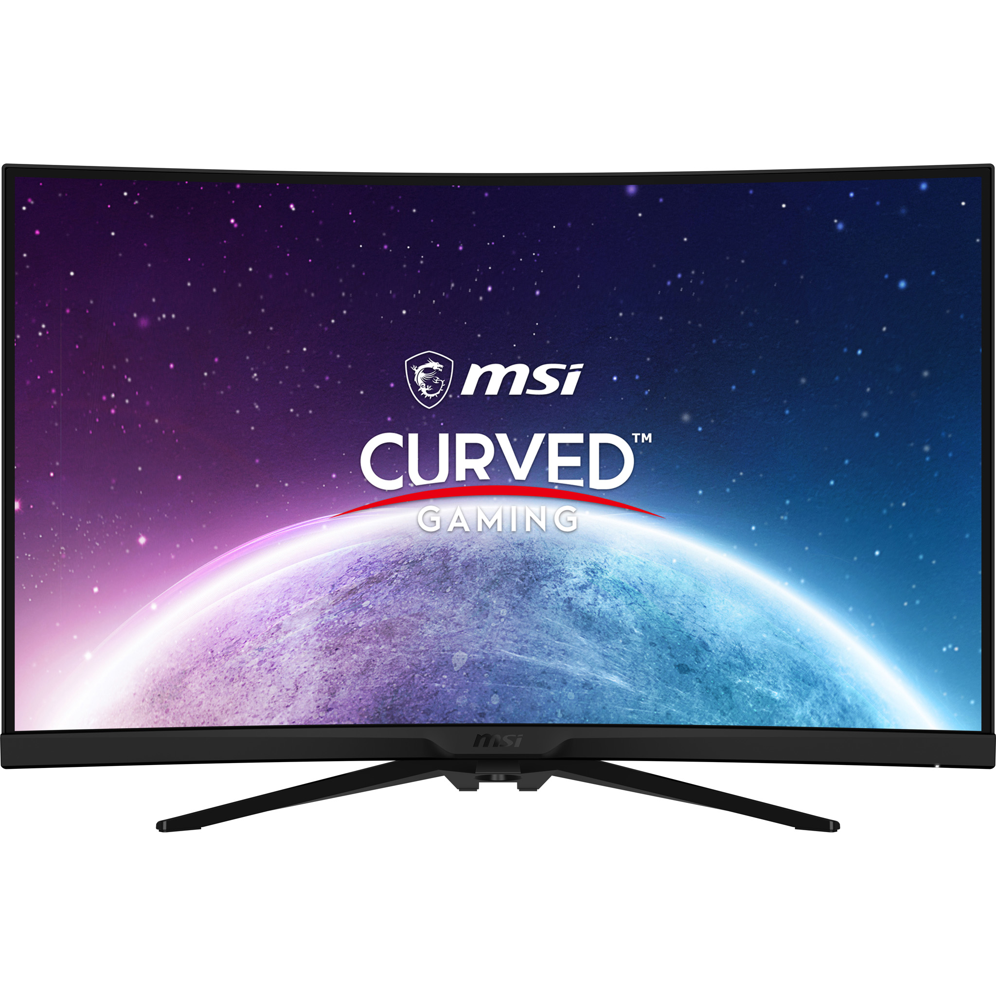 Ein gekrümmter MSI-Monitor, der ein Weltraum-Themenbild mit den Worten "CURVED GAMING" anzeigt.
