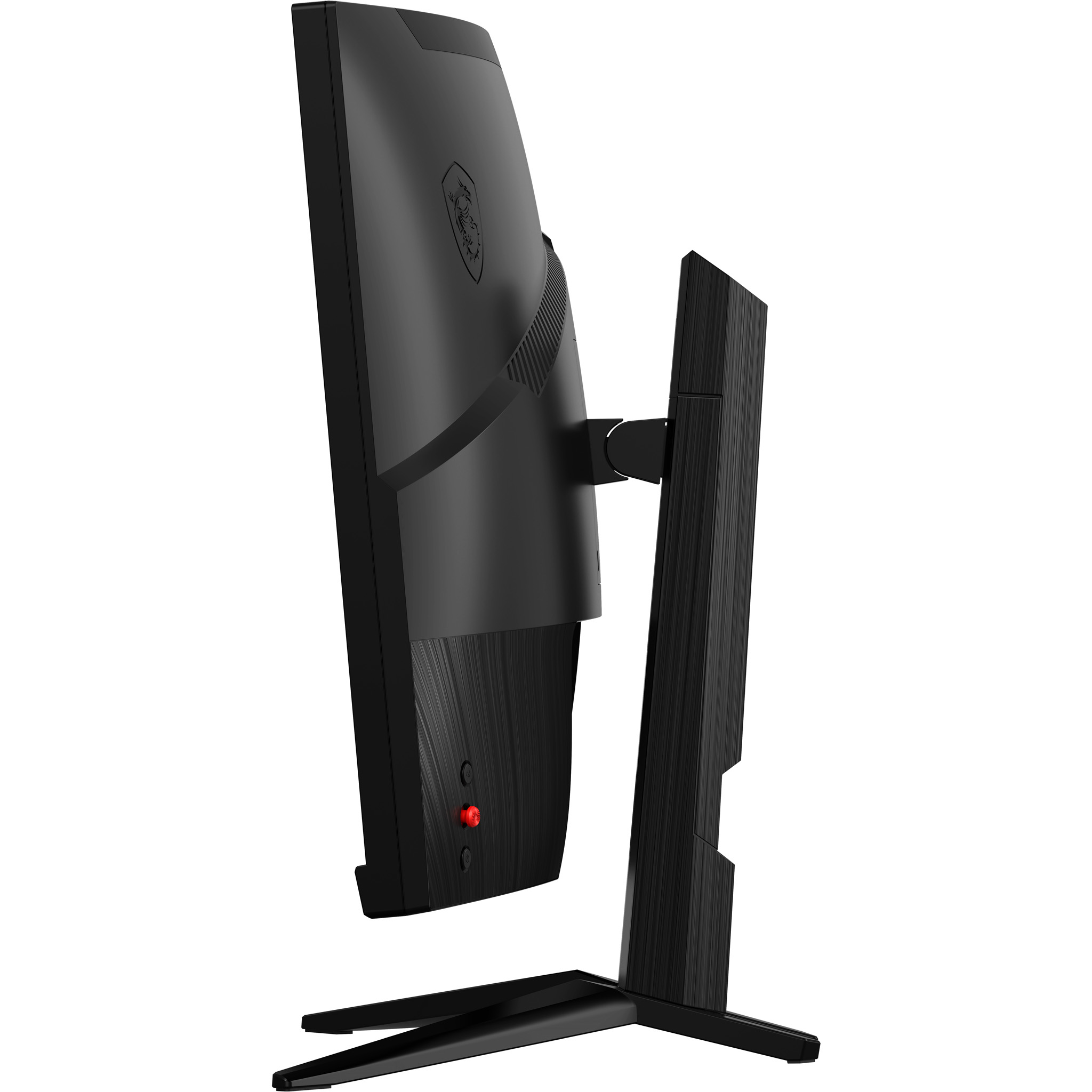 Seitenansicht eines schwarzen Monitors mit rotem Knopf und MSI-Logo auf der Rückseite.
