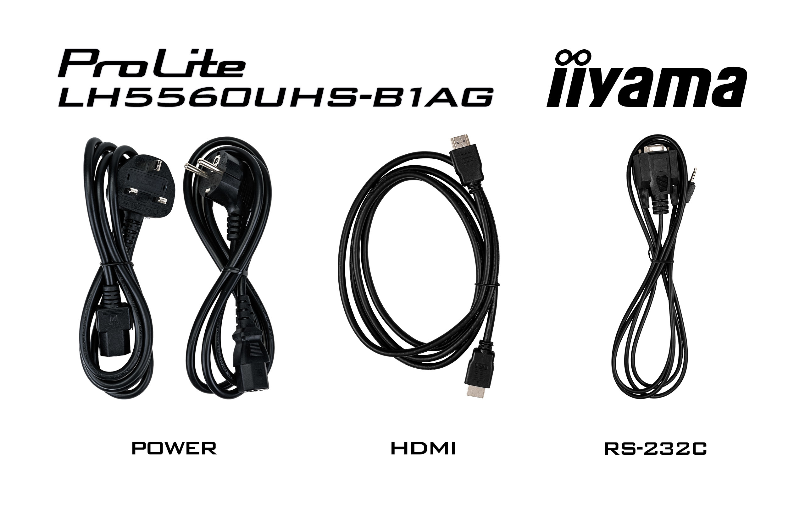 Drie zwarte kabels met de labels Power, HDMI en RS-232C op een witte achtergrond.