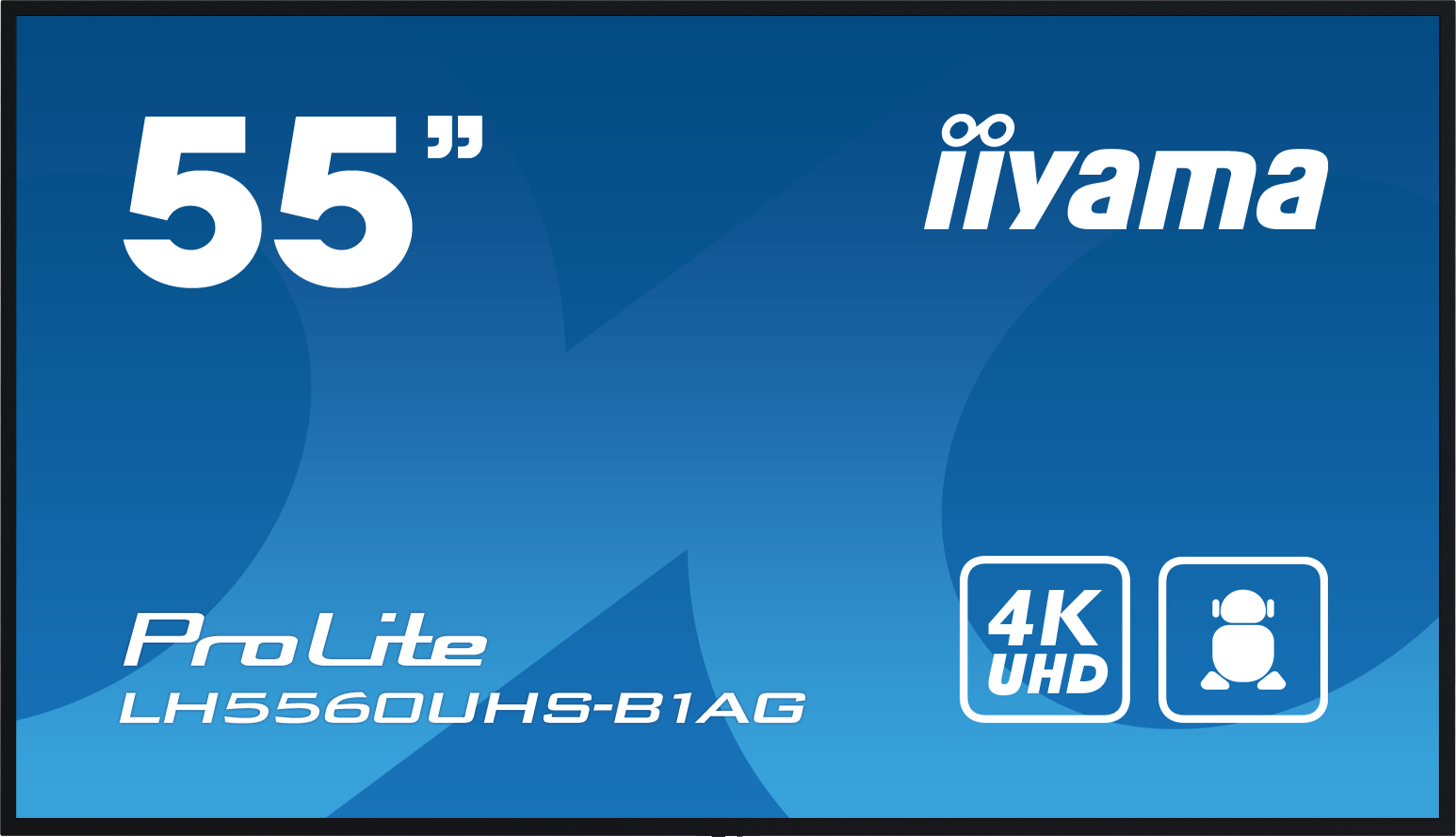 Een 55-inch tv-scherm. Het scherm toont het merk 'iiyama'. Er staat een '4K UHD'-logo op.