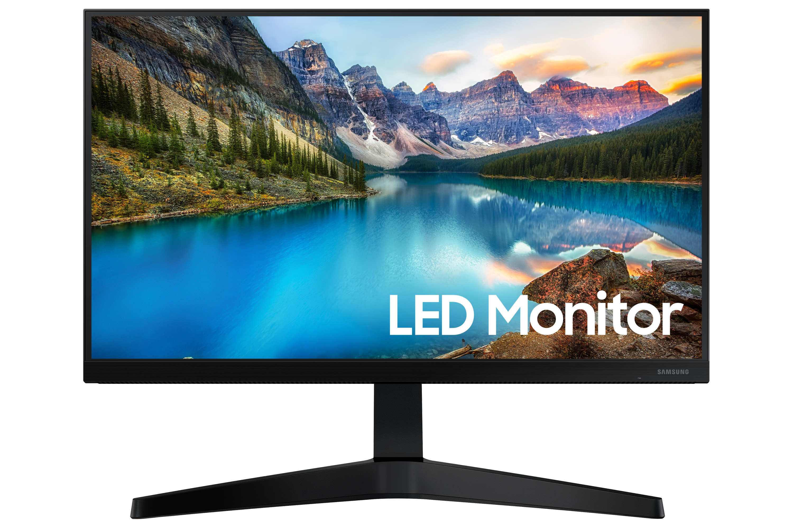 Un monitor LED Samsung muestra un paisaje con un lago y montañas. Las palabras 'LED Monitor' están en la pantalla.