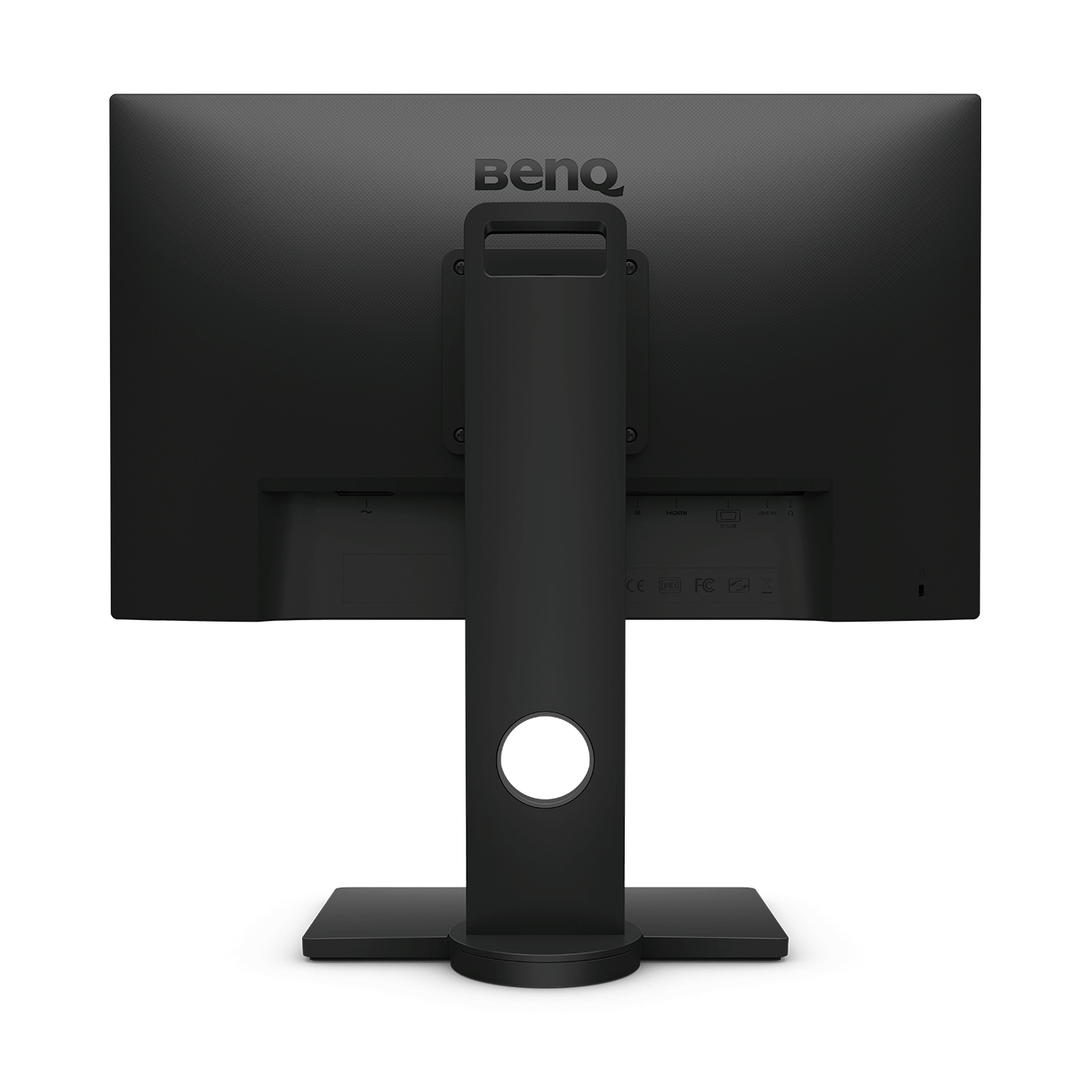 Retro di un monitor nero con il logo BenQ e varie porte. Ha un design semplice e funzionale.