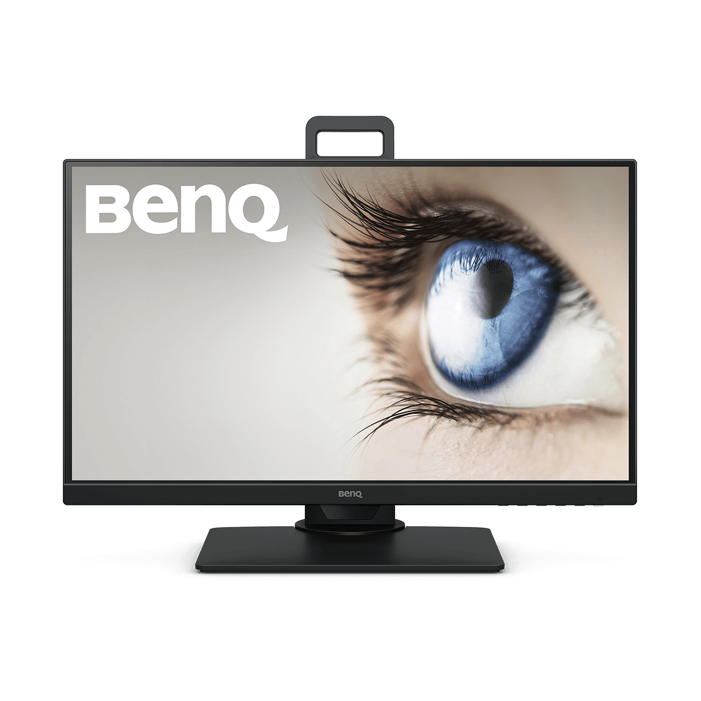 Un monitor del computer con un'immagine di un occhio blu sullo schermo e il nome del marchio BenQ.