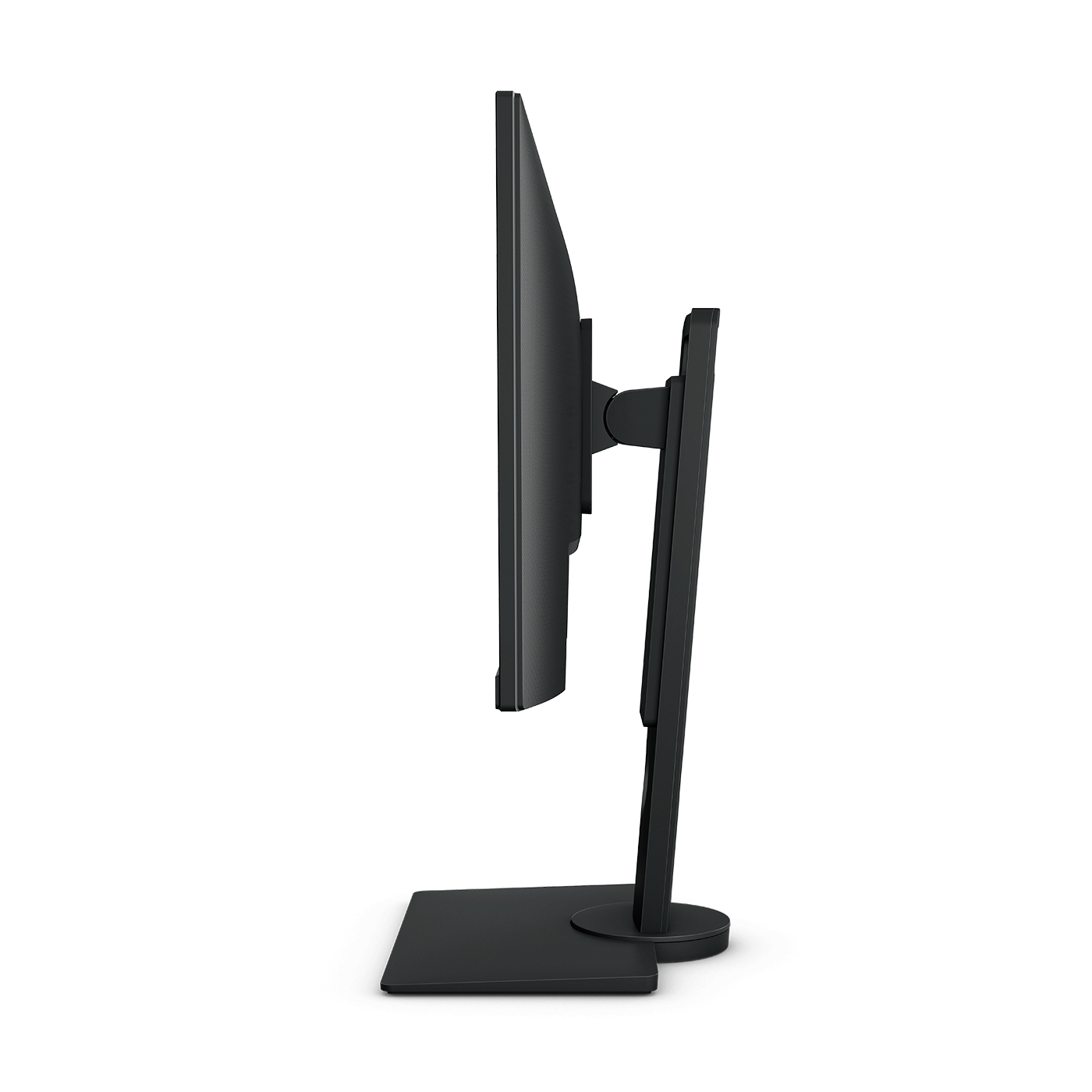 Vista laterale di un monitor nero con supporto nero, isolato su sfondo bianco.