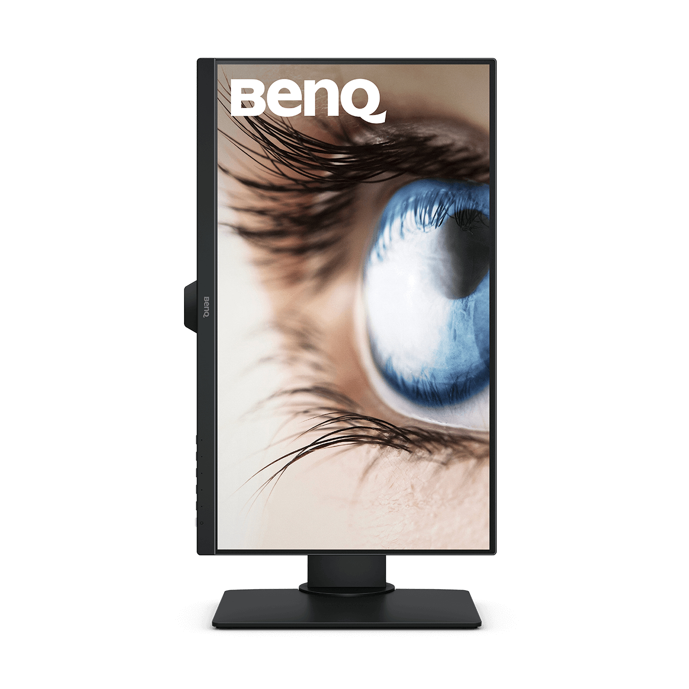 Monitor con primo piano di un occhio. Cornice e supporto neri.
