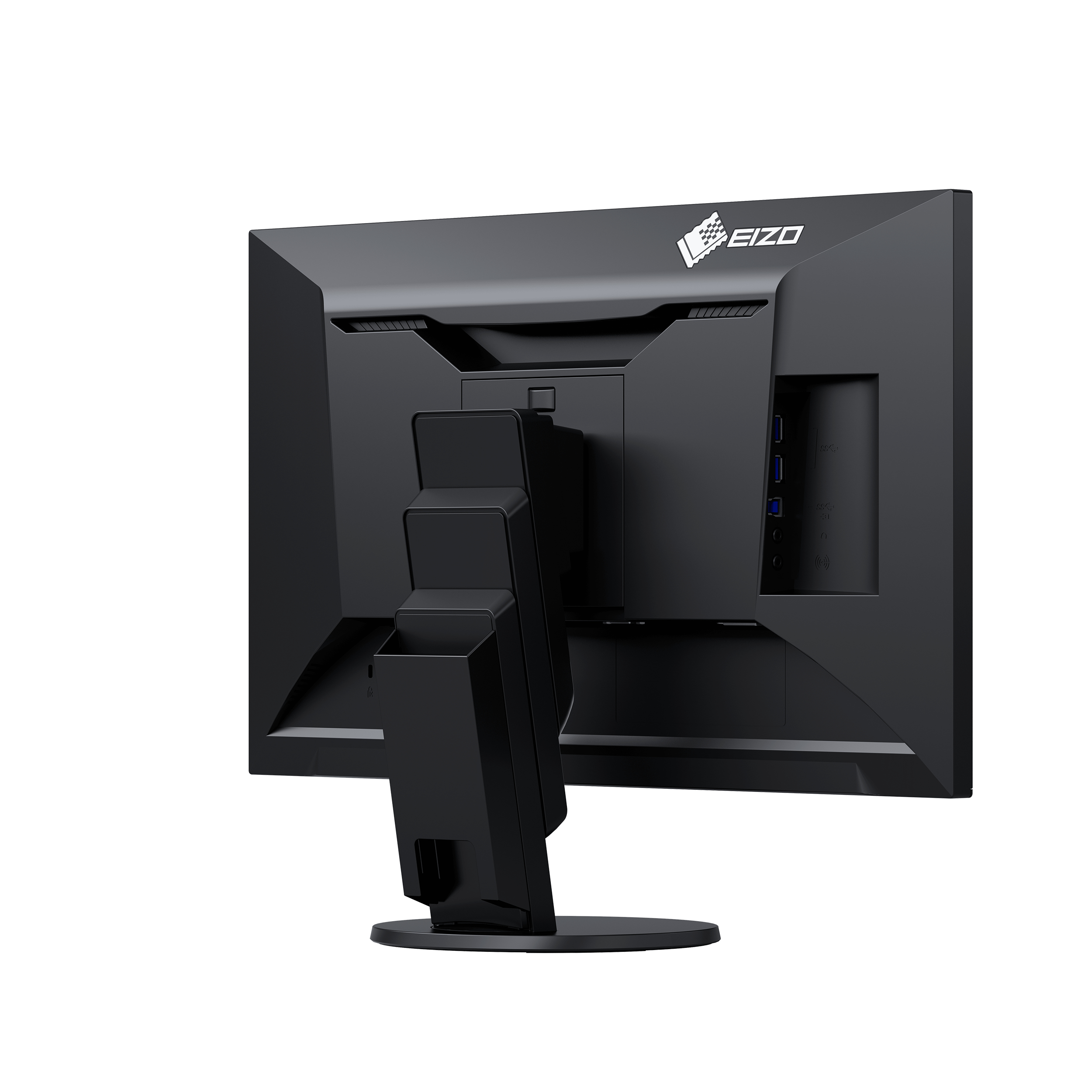 Retro di un monitor nero. Supporto nero. Sfondo bianco. Logo EIZO.