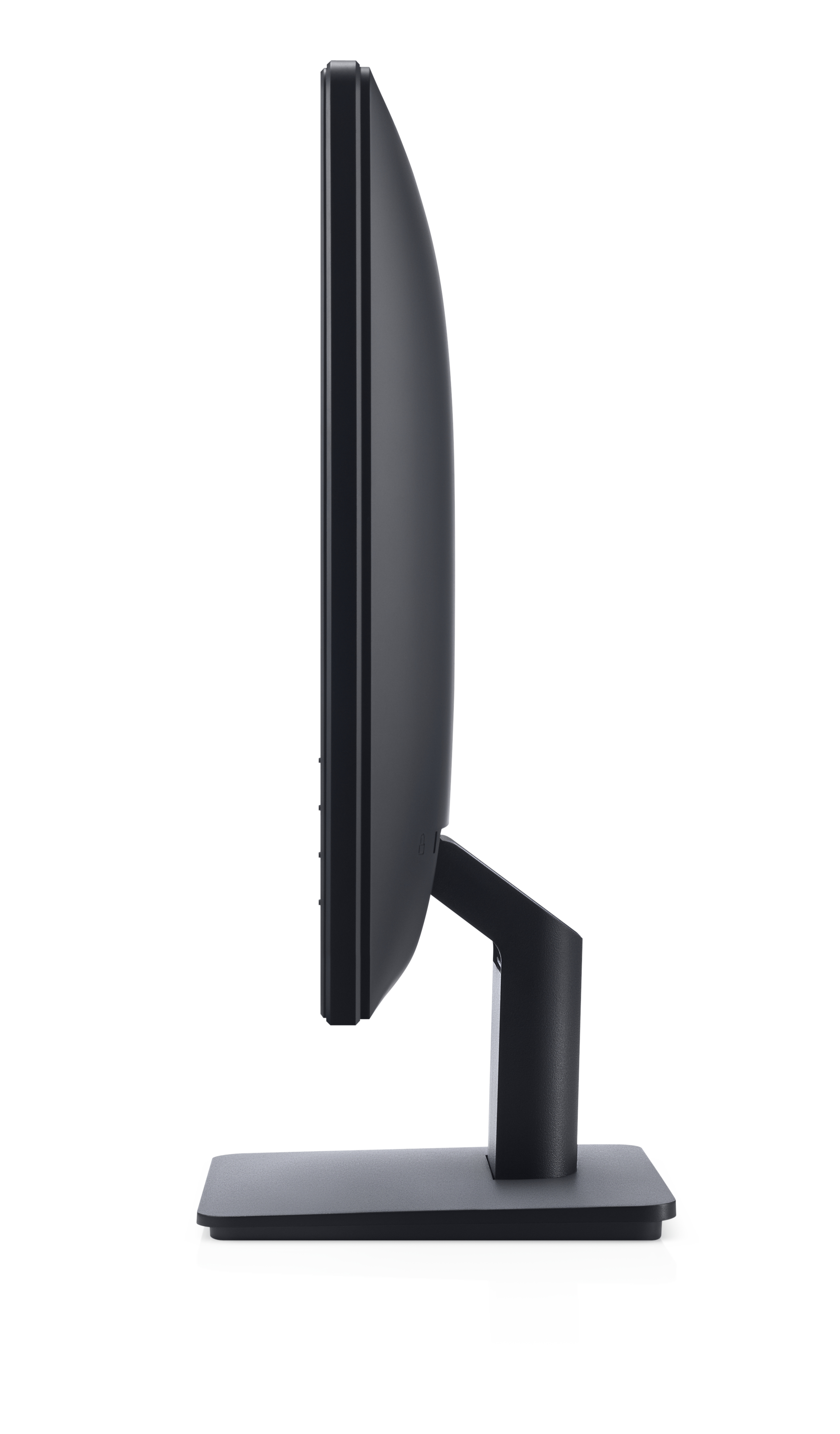 Widok z boku czarnego monitora ze stojakiem na białym tle, pokazujący smukły profil.
