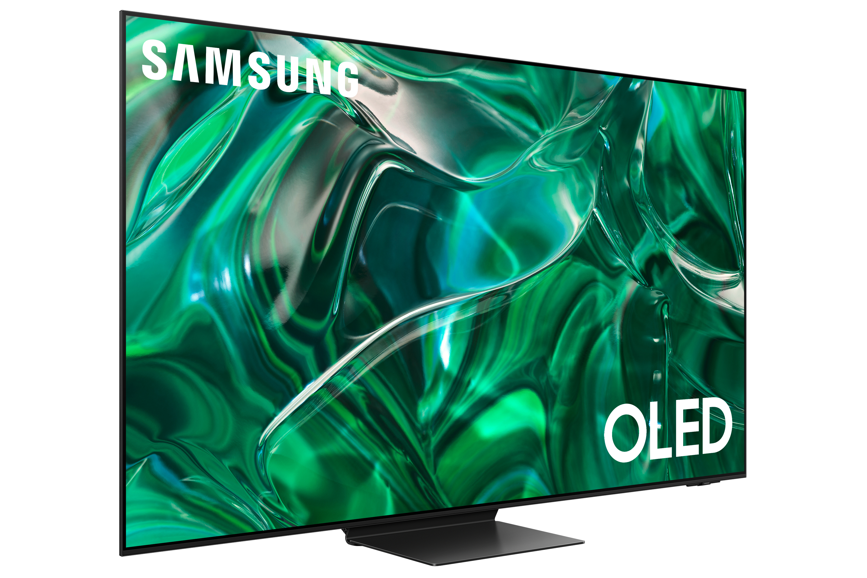 Duży telewizor Samsung OLED z zielono-białym abstrakcyjnym wzorem na ekranie.