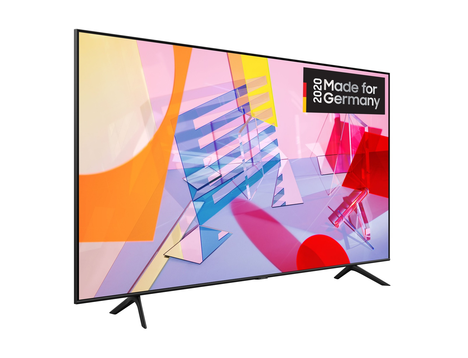 Samsung TV mit abstraktem, farbenfrohem Design, mit „Made for Germany“.