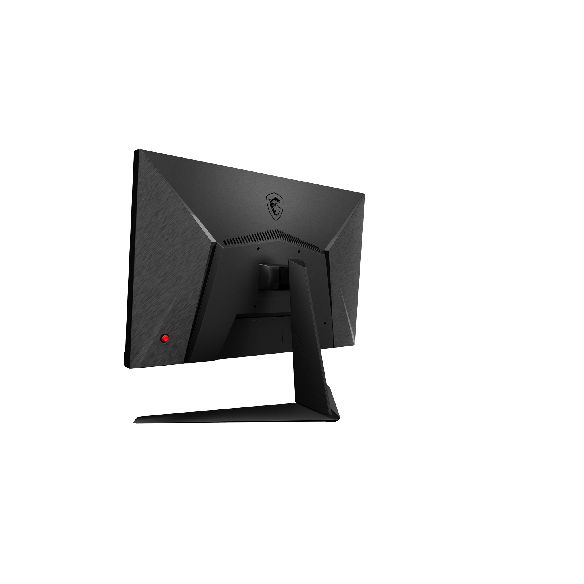La parte trasera de un monitor MSI negro, que muestra los puertos y el soporte.