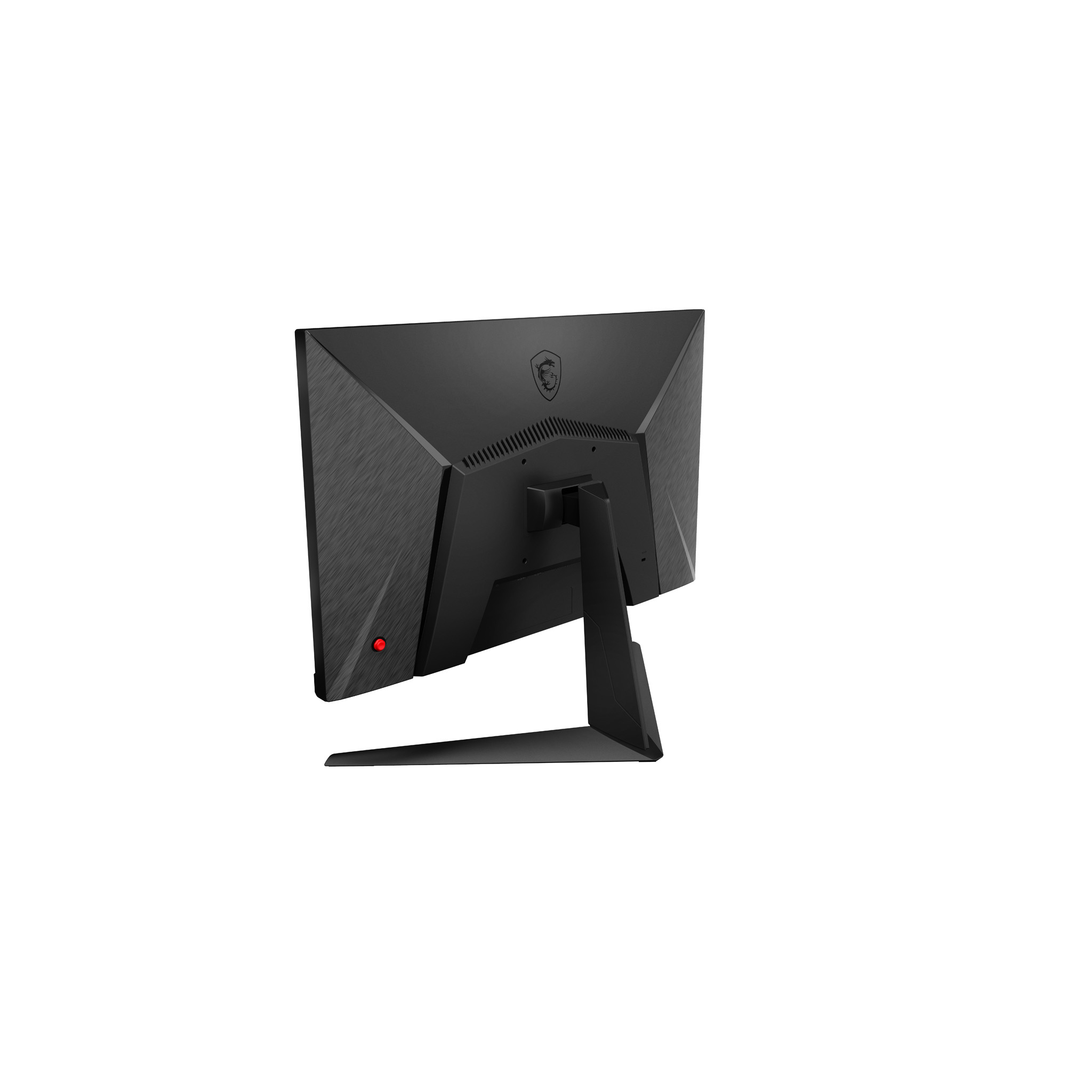 Vista trasera del monitor MSI negro. Tiene un soporte y una luz roja de encendido.