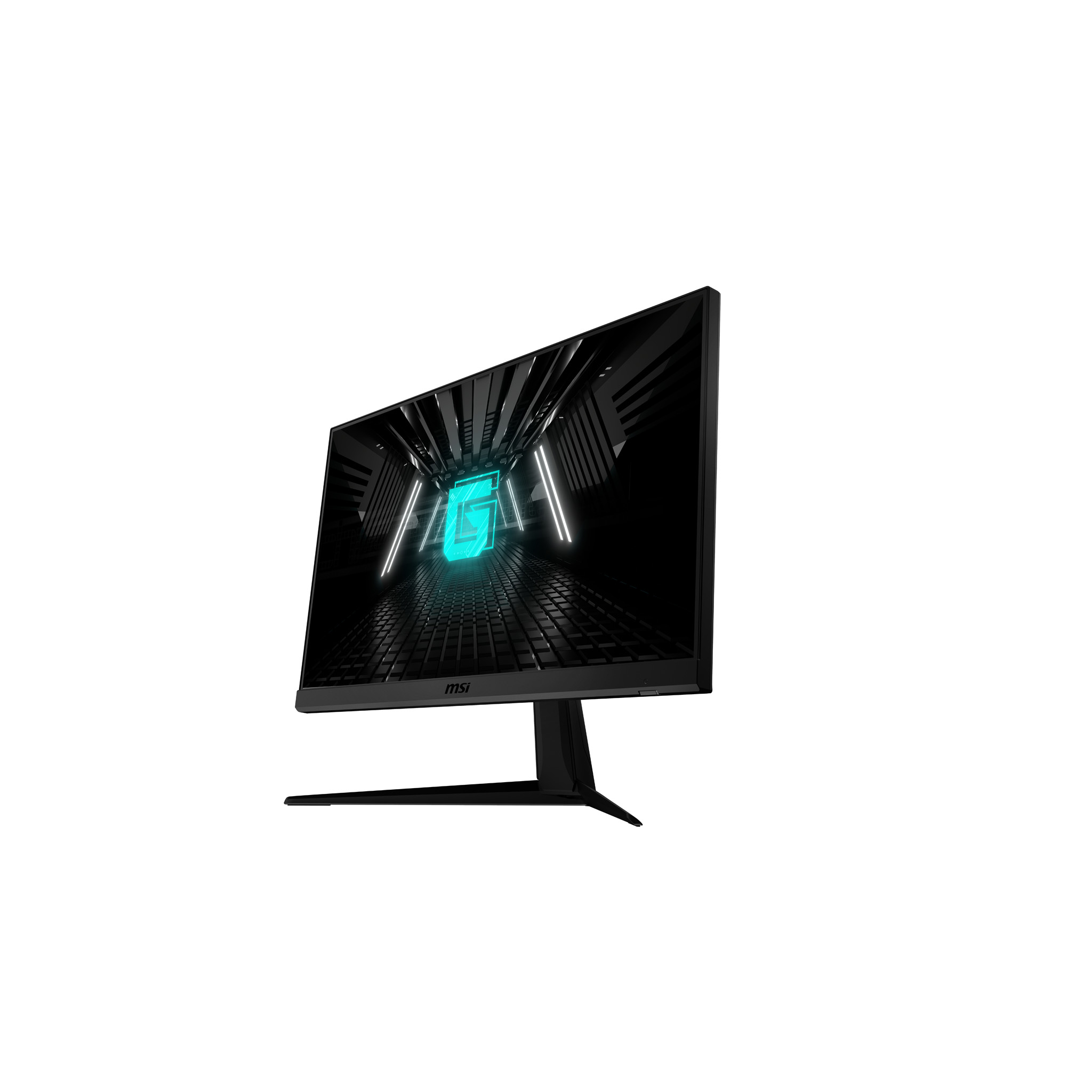 Monitor gaming MSI en ángulo, marco negro, muestra un interior futurista con luz azul.