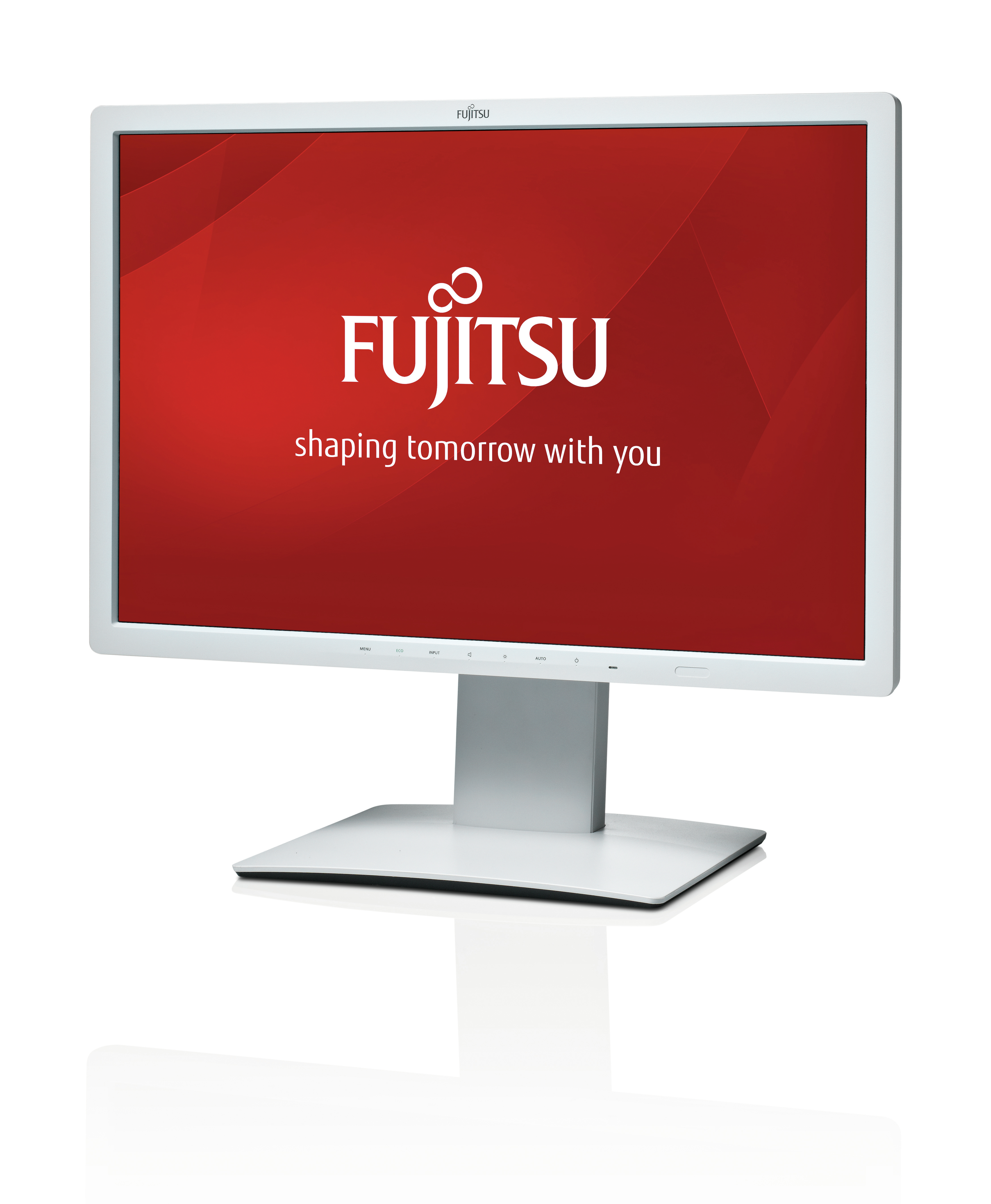 Ein weißer Fujitsu-Monitor mit Markenlogo auf rotem Bildschirm. Er hat einen weißen Ständer.