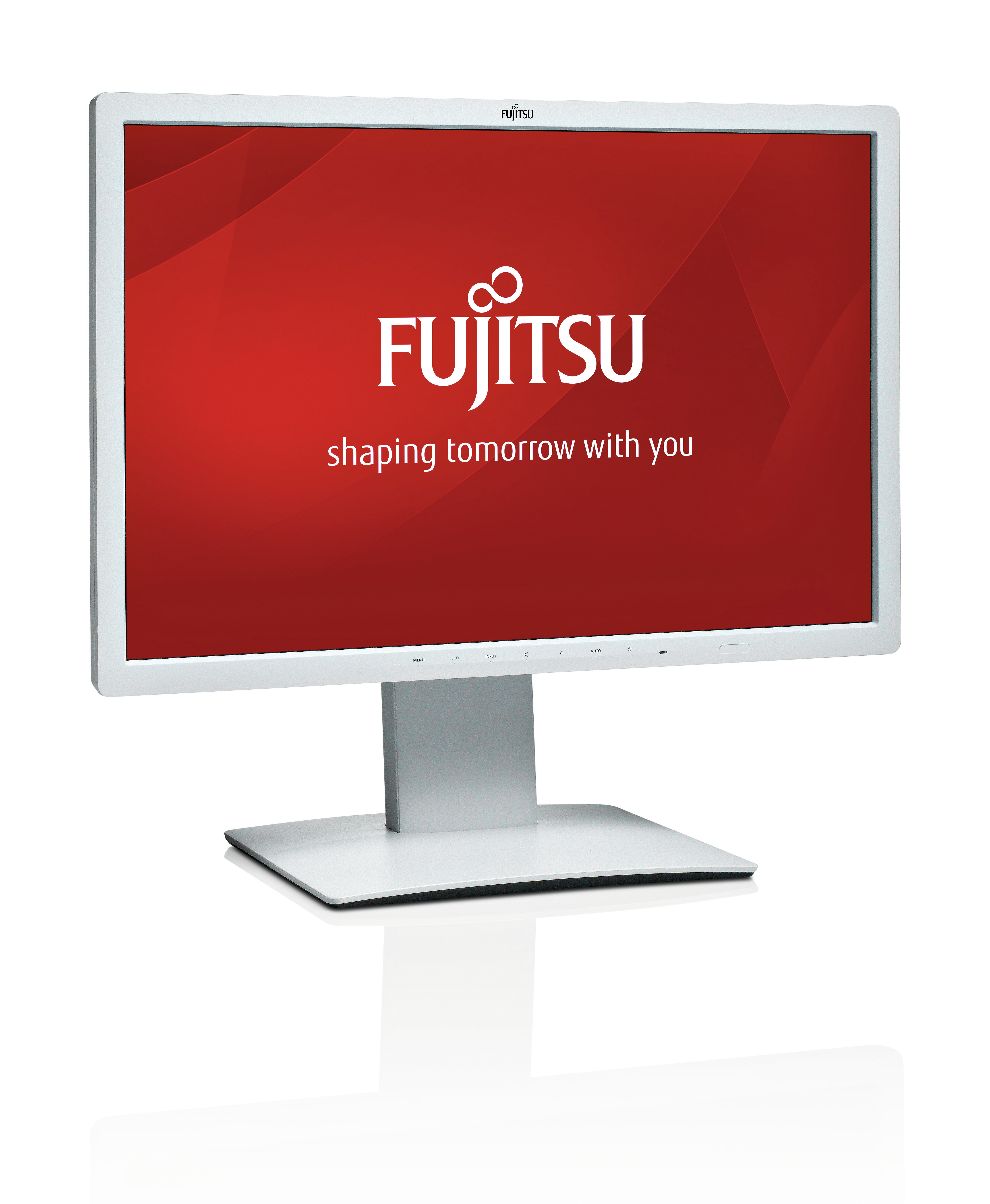 Fujitsu-Monitor mit rotem Hintergrund und weißem Rahmen, der das Logo der Marke zeigt.