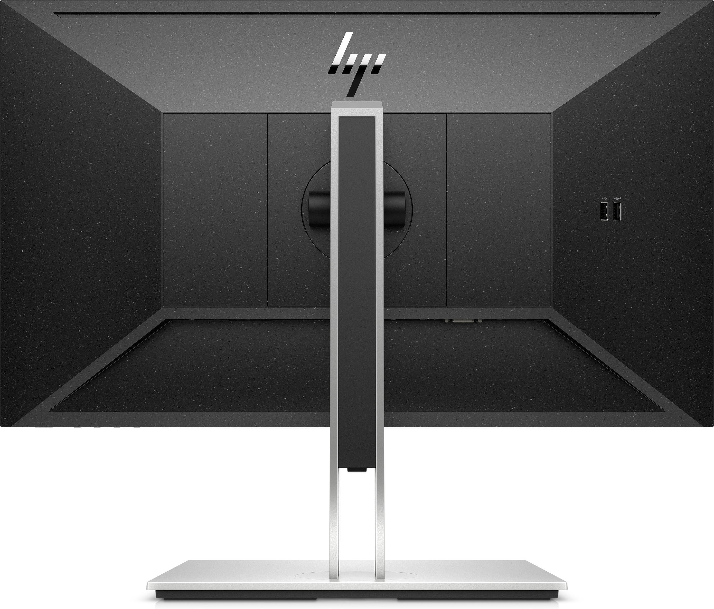 Widok z tyłu czarnego monitora HP. Stojak jest srebrny. Logo HP znajduje się na górze.