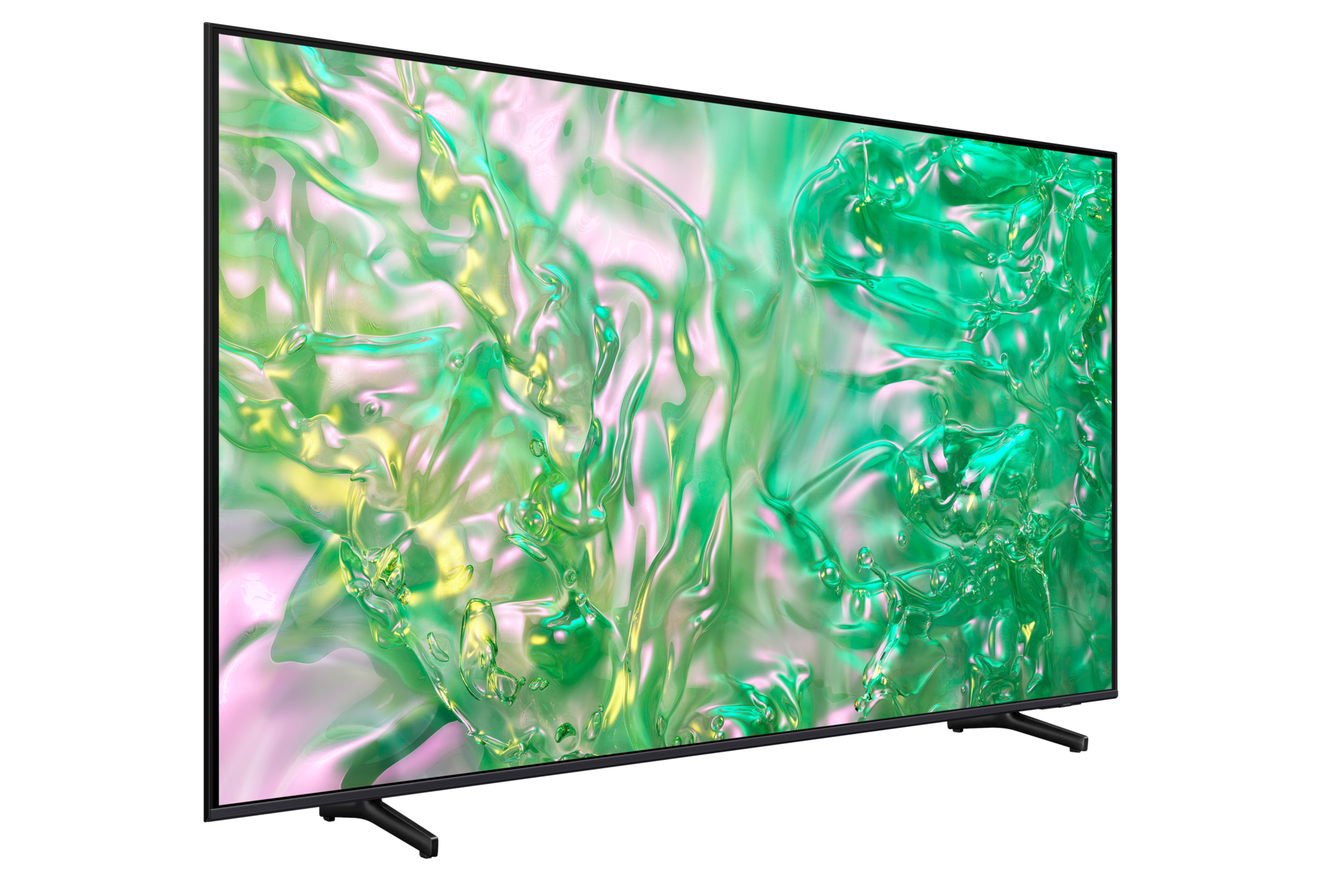 Un grand écran de télévision incliné vers la droite, affichant une image abstraite verte et blanche.