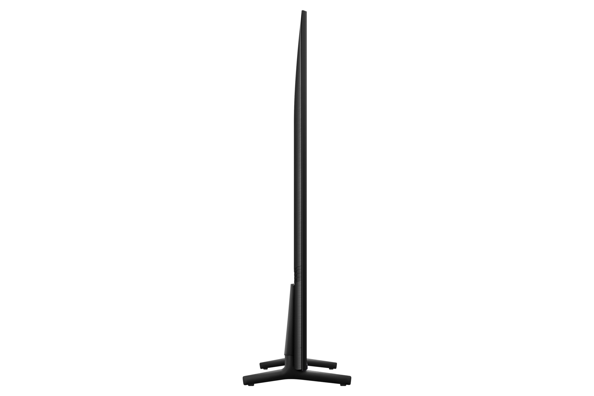 Un téléviseur vu de côté. Il est noir et fin, avec un pied noir.