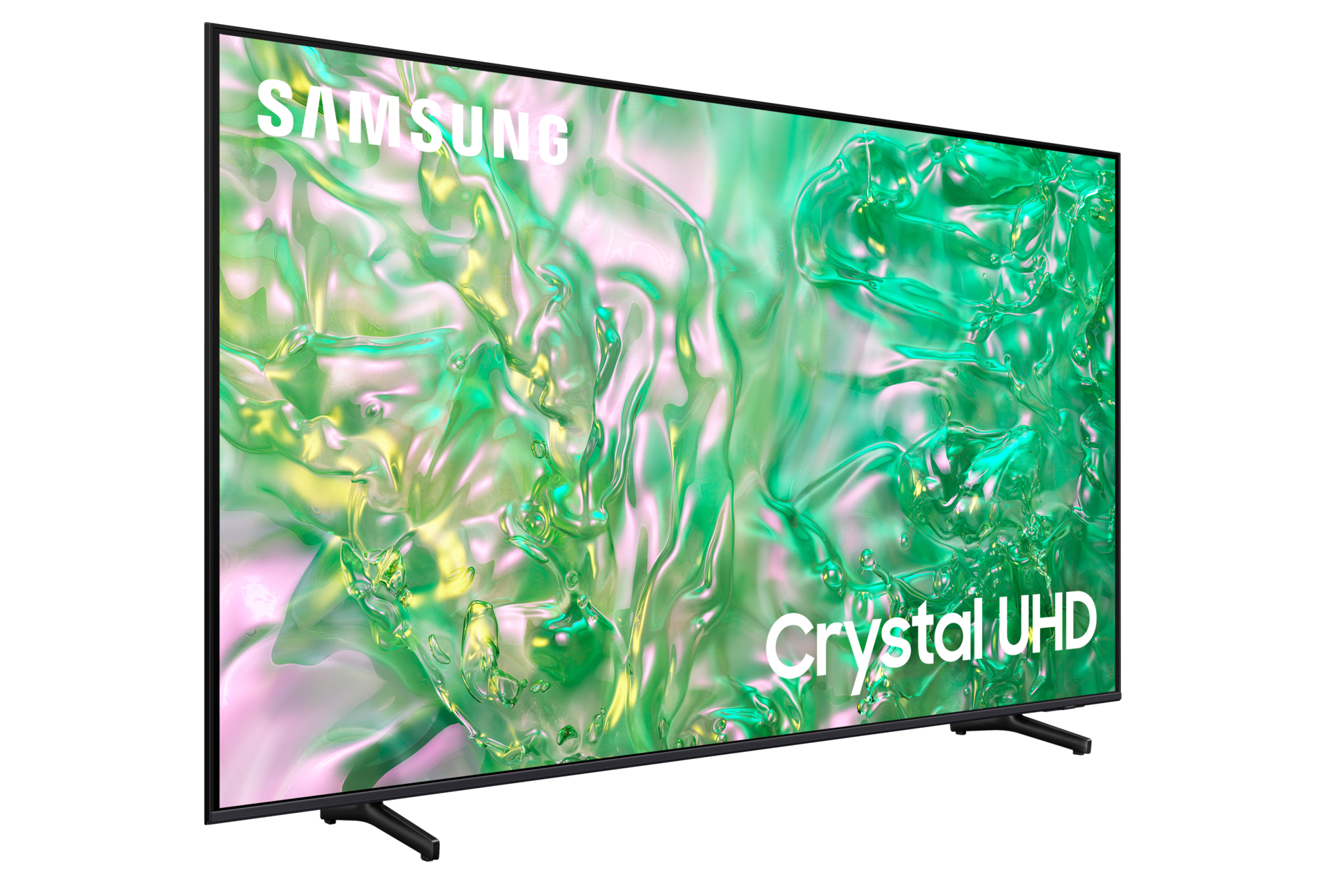 Un téléviseur Samsung noir avec un motif de fond vert et blanc.