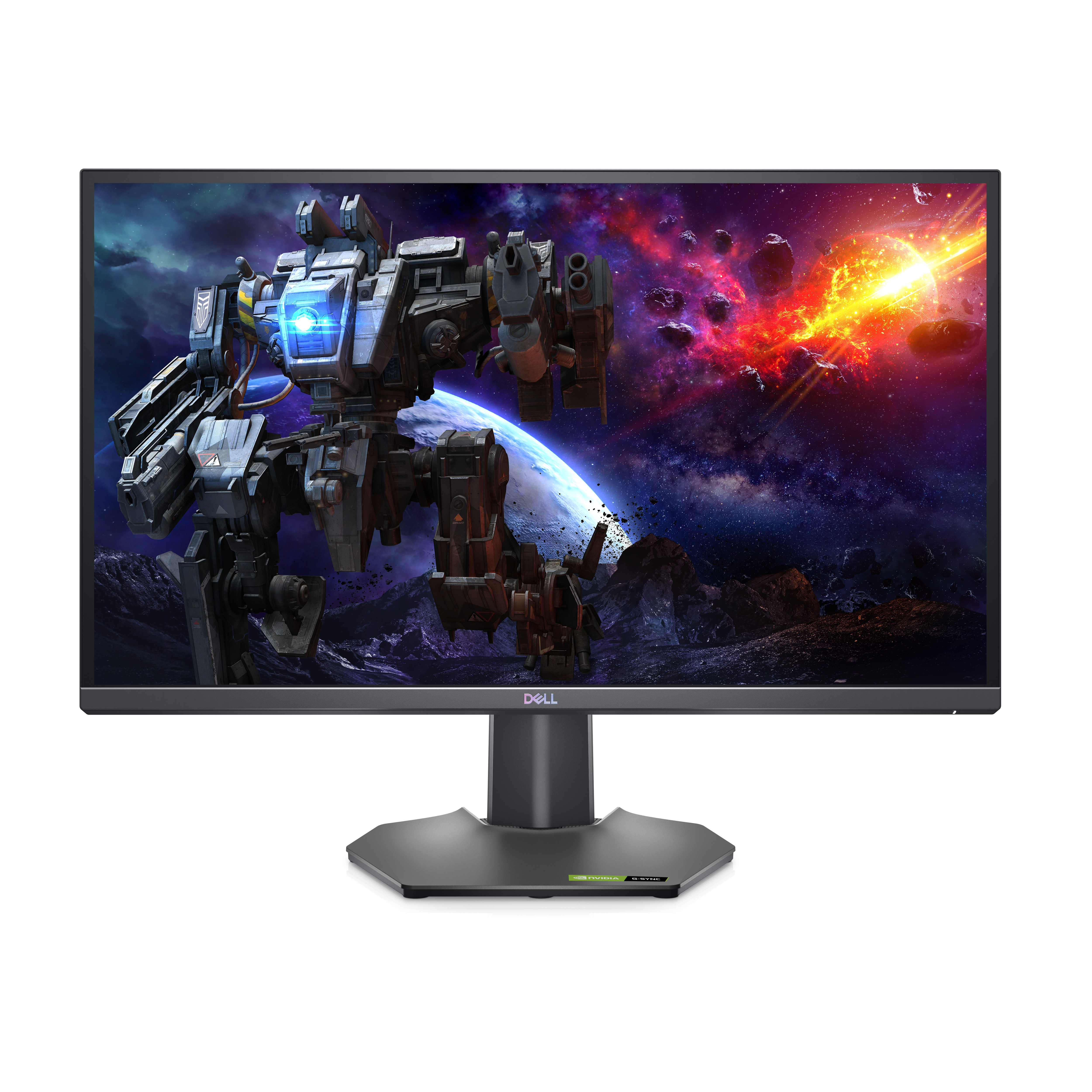 Monitor gaming Dell. Scena di gioco visualizzata. Supporto nero, cornice. Sfondo bianco.