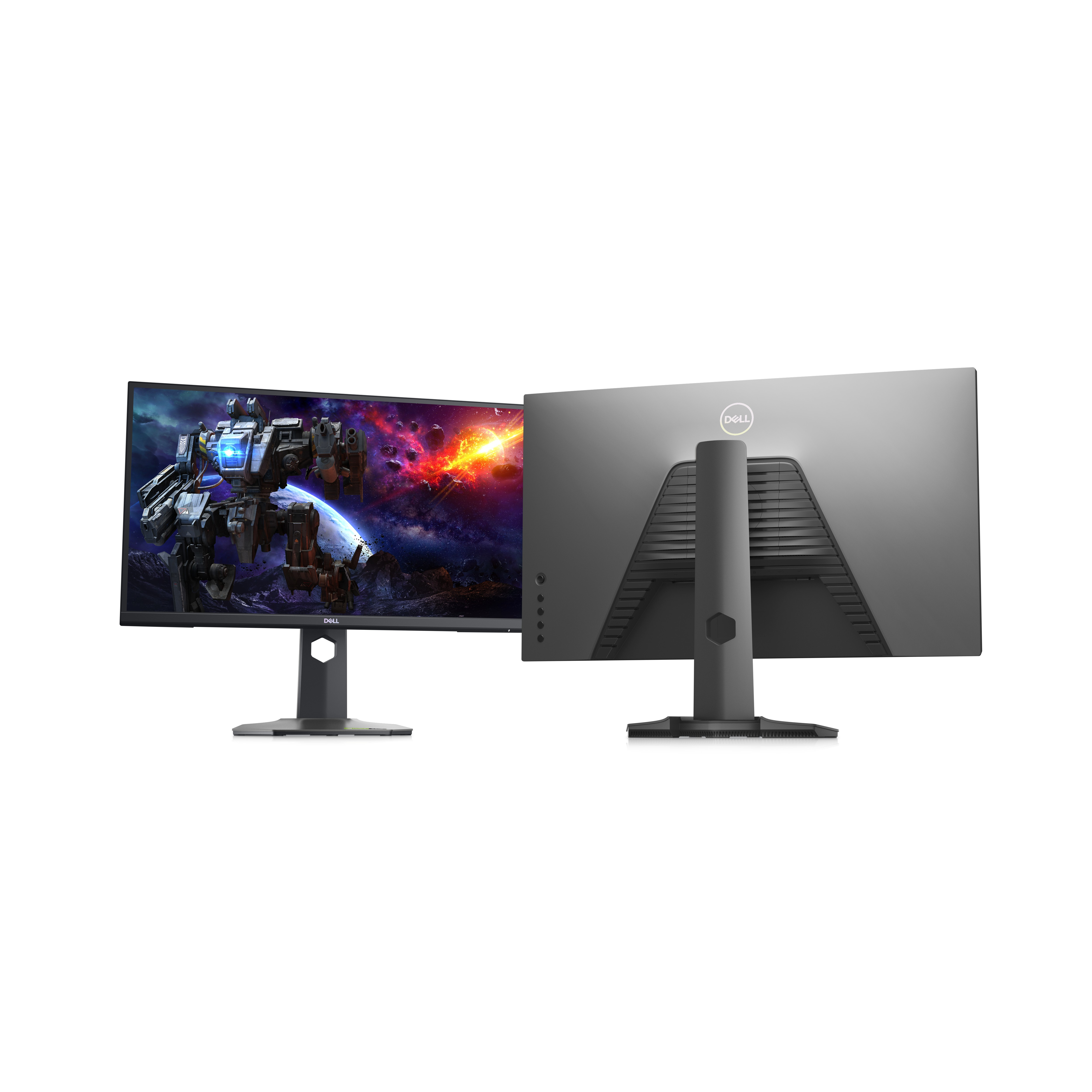 Due monitor. Uno frontale con scena mech, uno grigio posteriore. Entrambi hanno basi nere.