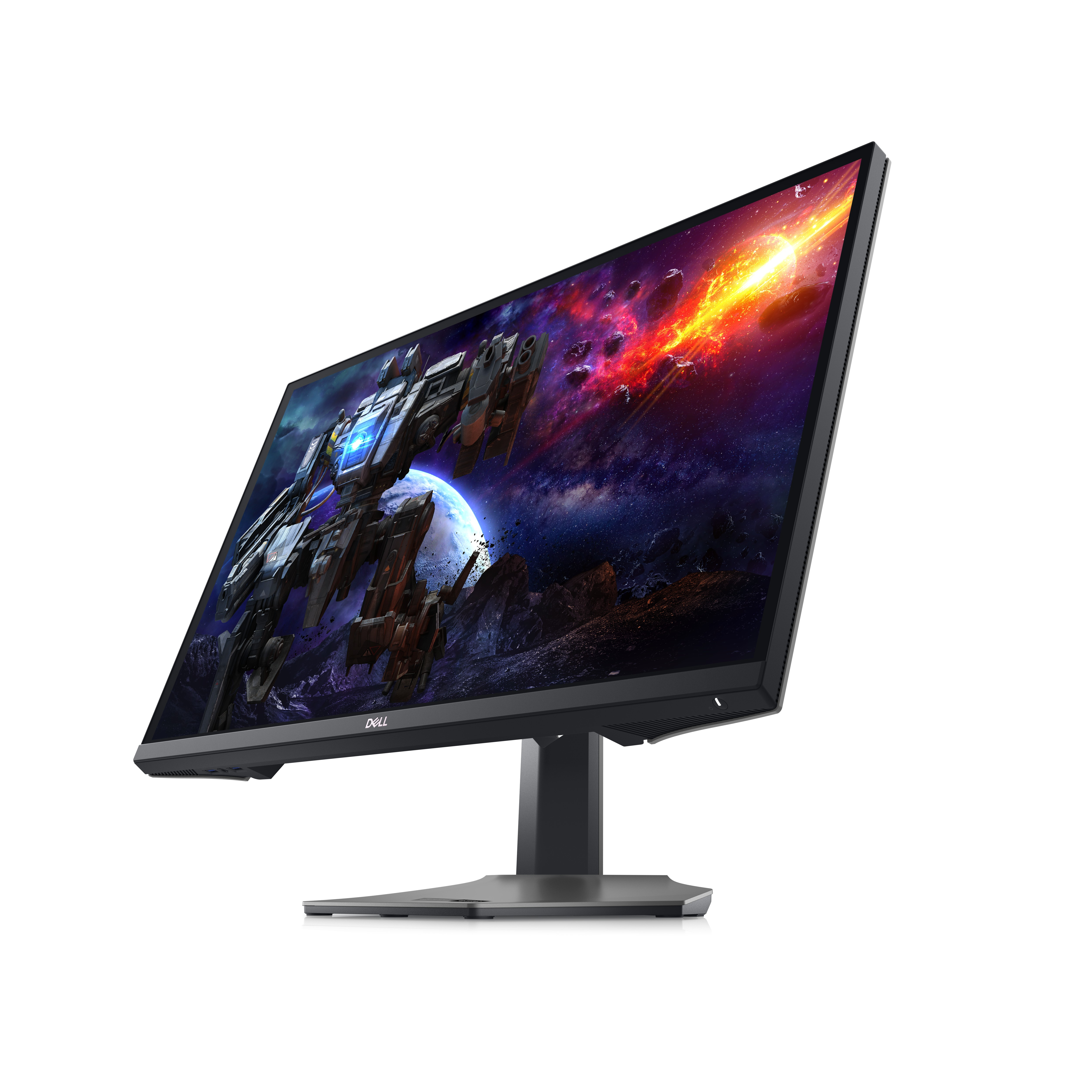 Monitor Dell che mostra una scena di astronave, inclinato, con base nera.