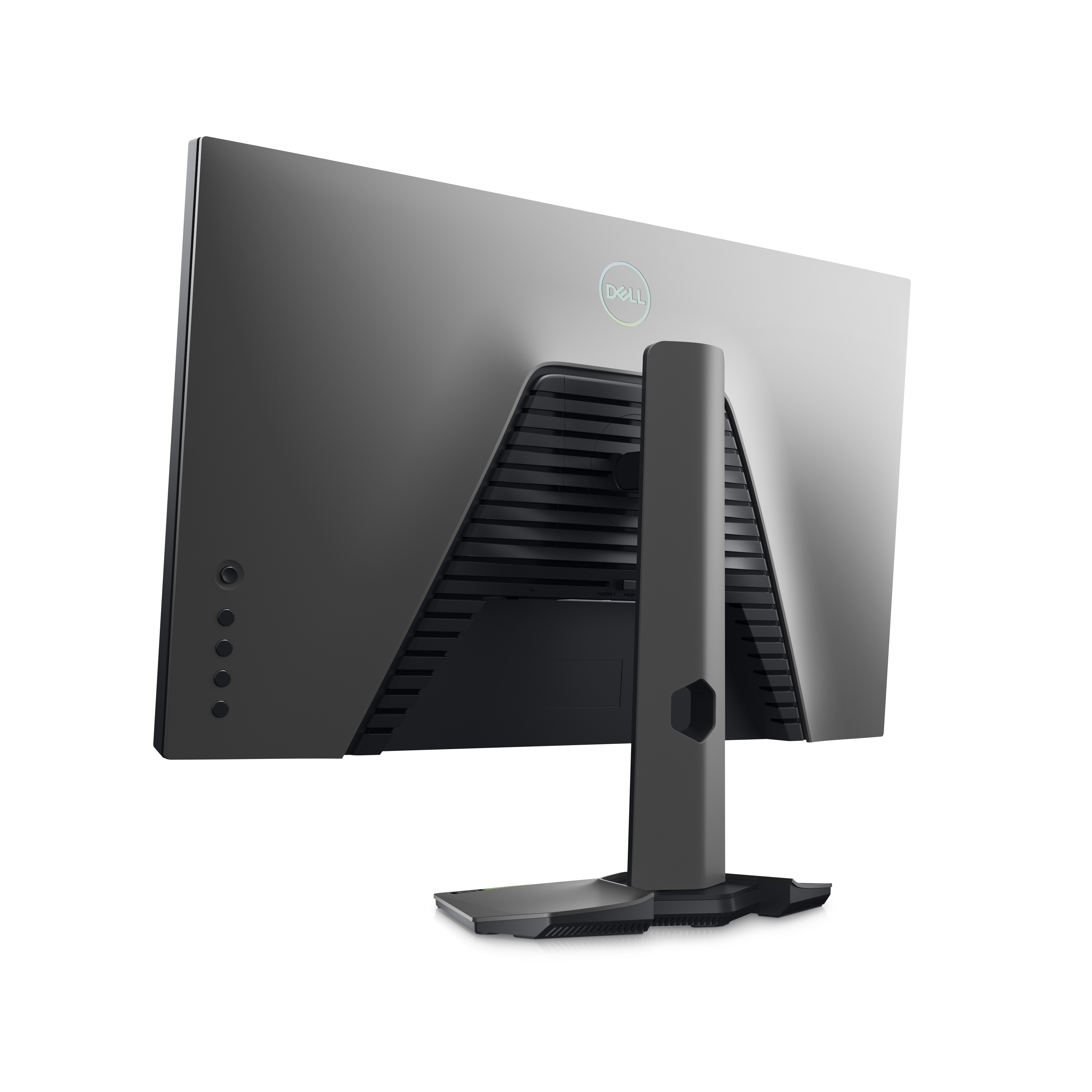 Il retro di un monitor Dell con supporto e design nero.