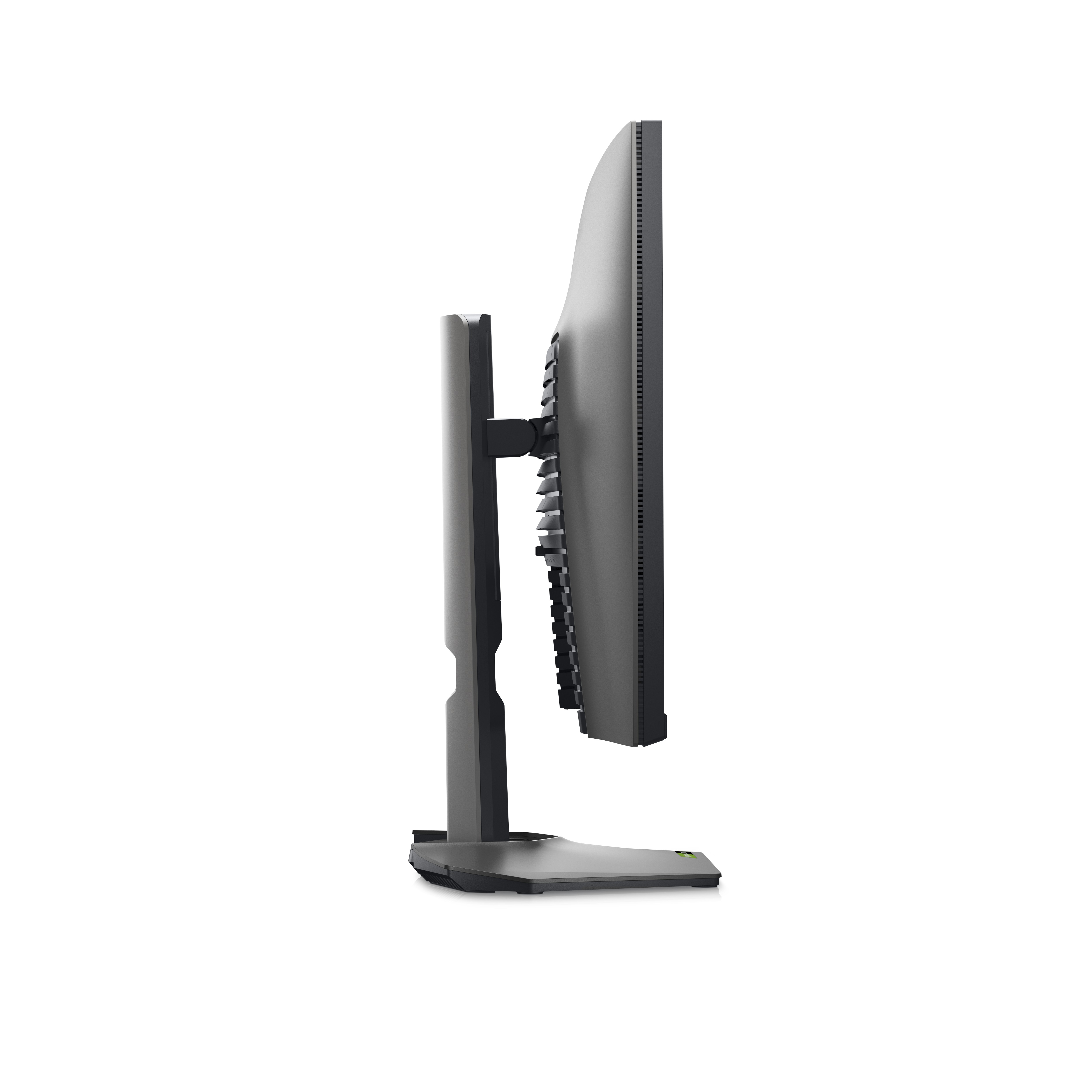 Vista laterale di un monitor per computer. È grigio e nero e ha una parte posteriore curva.