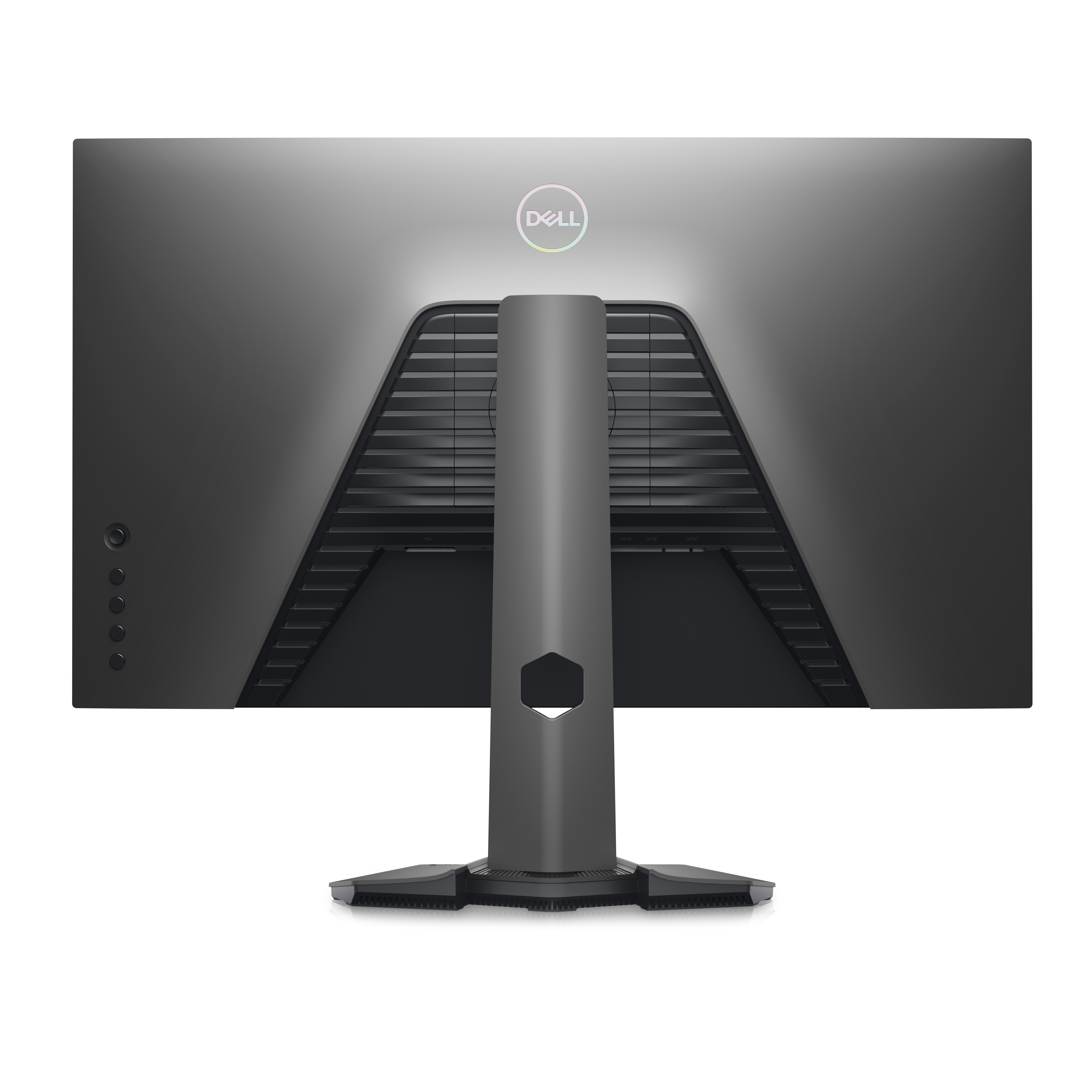 Vista posteriore di un monitor nero e grigio con supporto, sfondo bianco.
