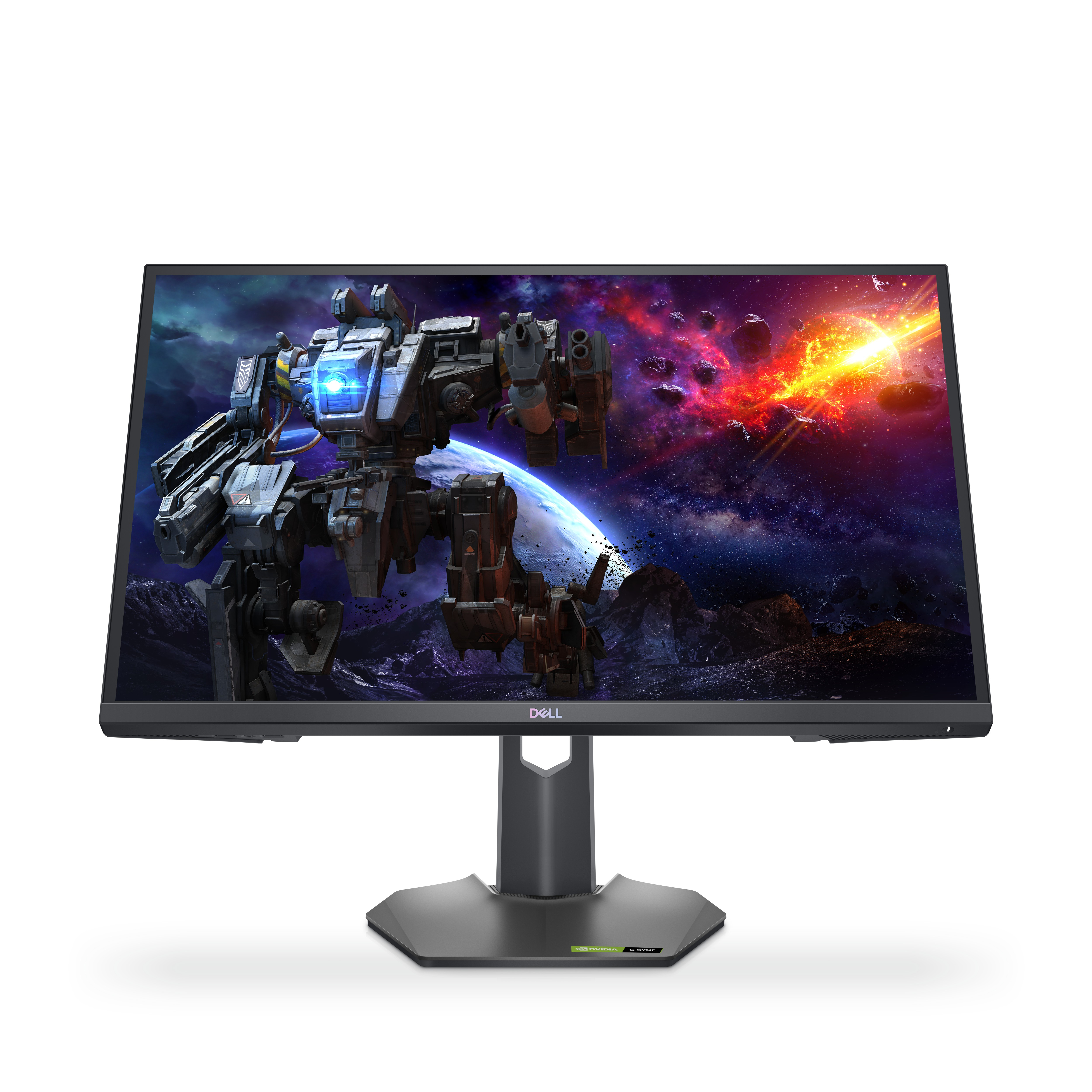 Un monitor da gioco che mostra un mech e esplosioni in una scena di battaglia spaziale.