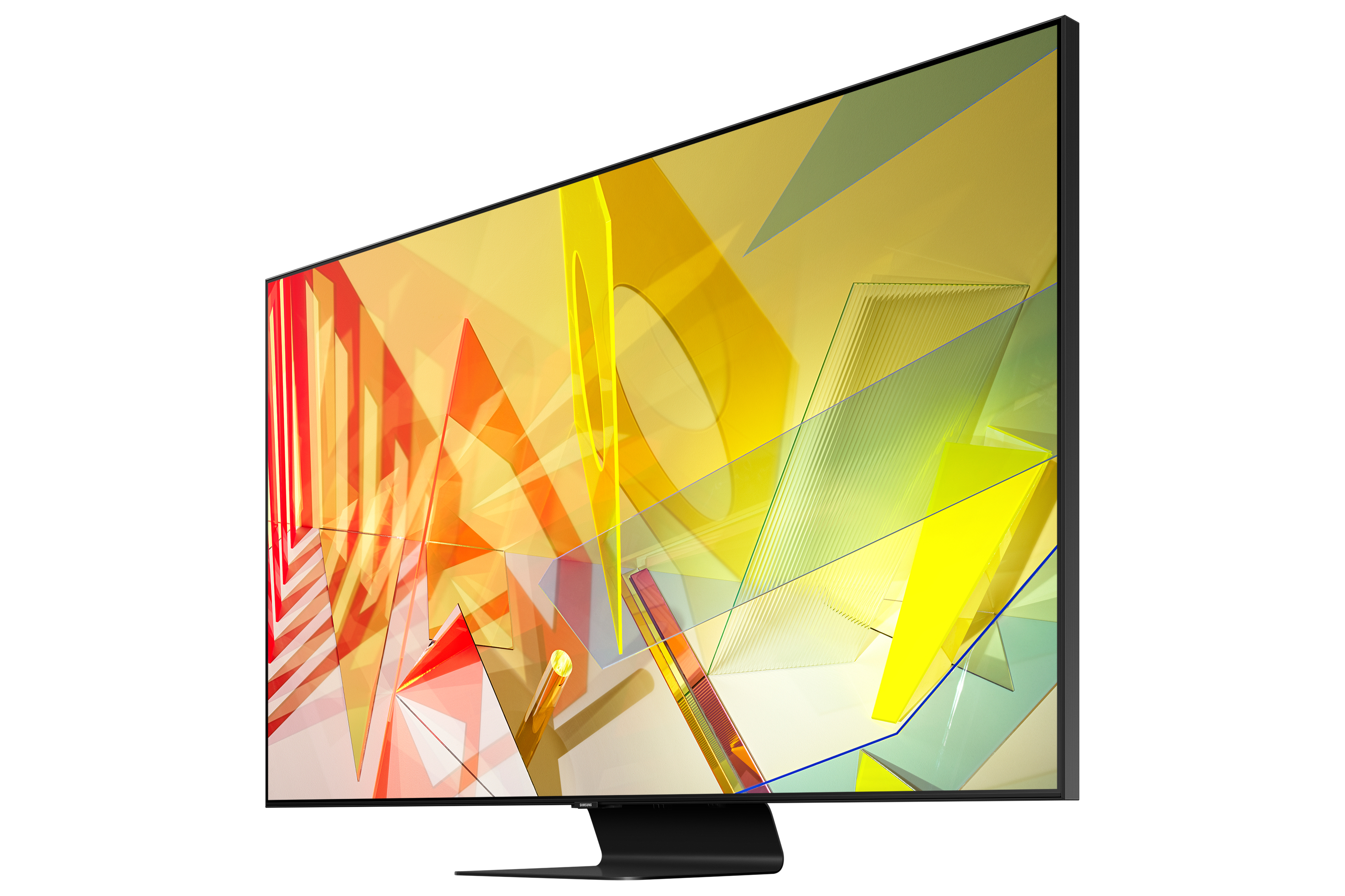 Samsung QLED TV zeigt ein abstraktes gelb-oranges Muster. Es ist zur Seite geneigt.