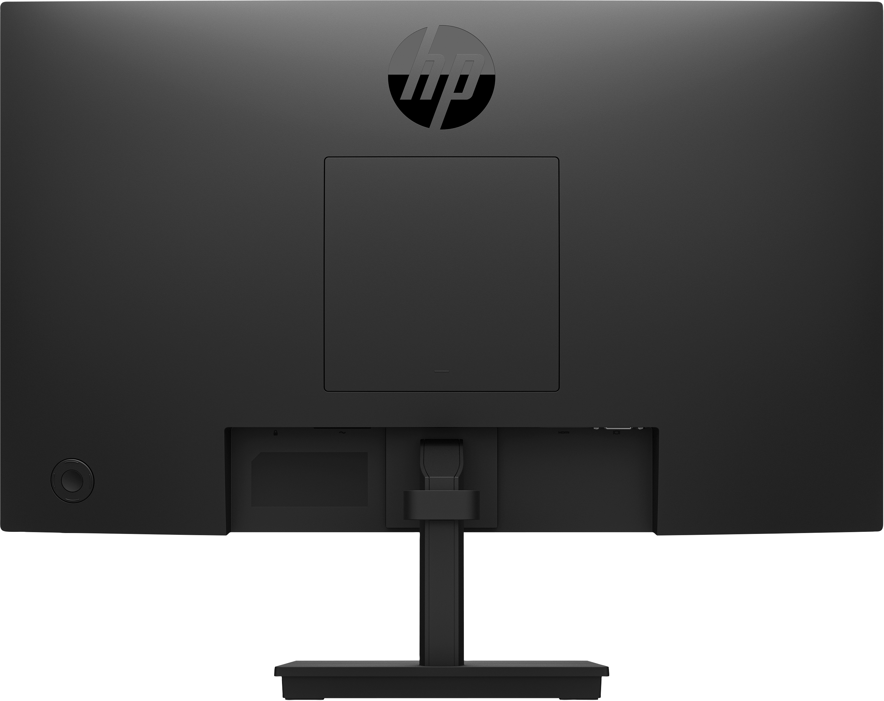 Rückseite eines schwarzen Monitors mit HP-Logo, Ständer und Anschlüssen. Weißer Hintergrund.