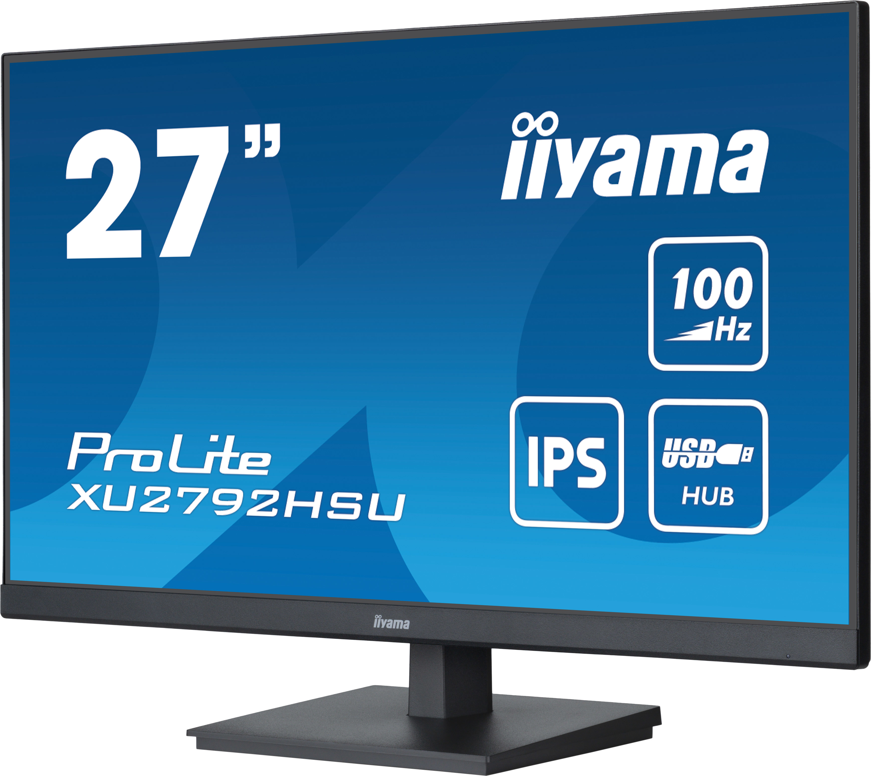 Czarny monitor komputerowy z tekstem '27"' i 'iiyama'. Niebieskie tło, z ikonami IPS i USB HUB.