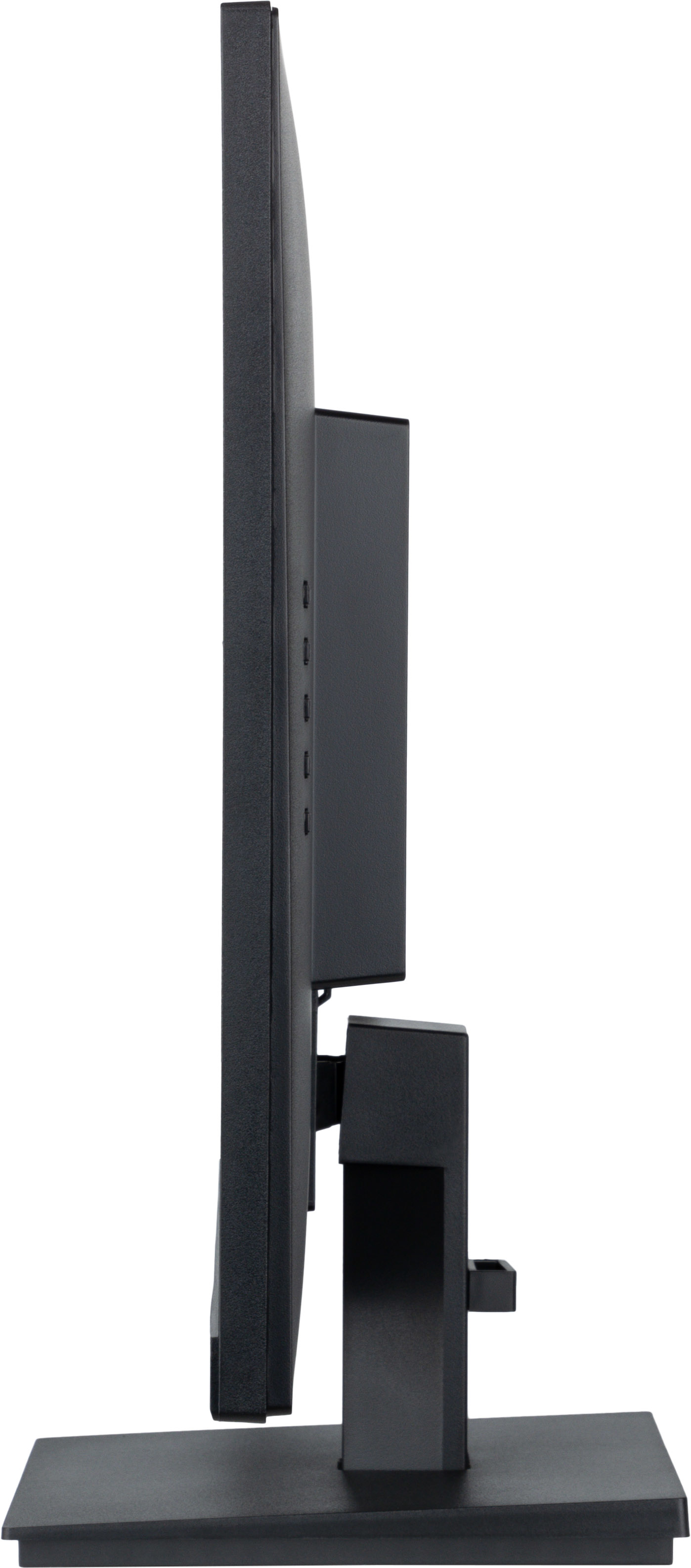 Czarny monitor z boku, prezentujący elegancki, smukły design z podstawką.