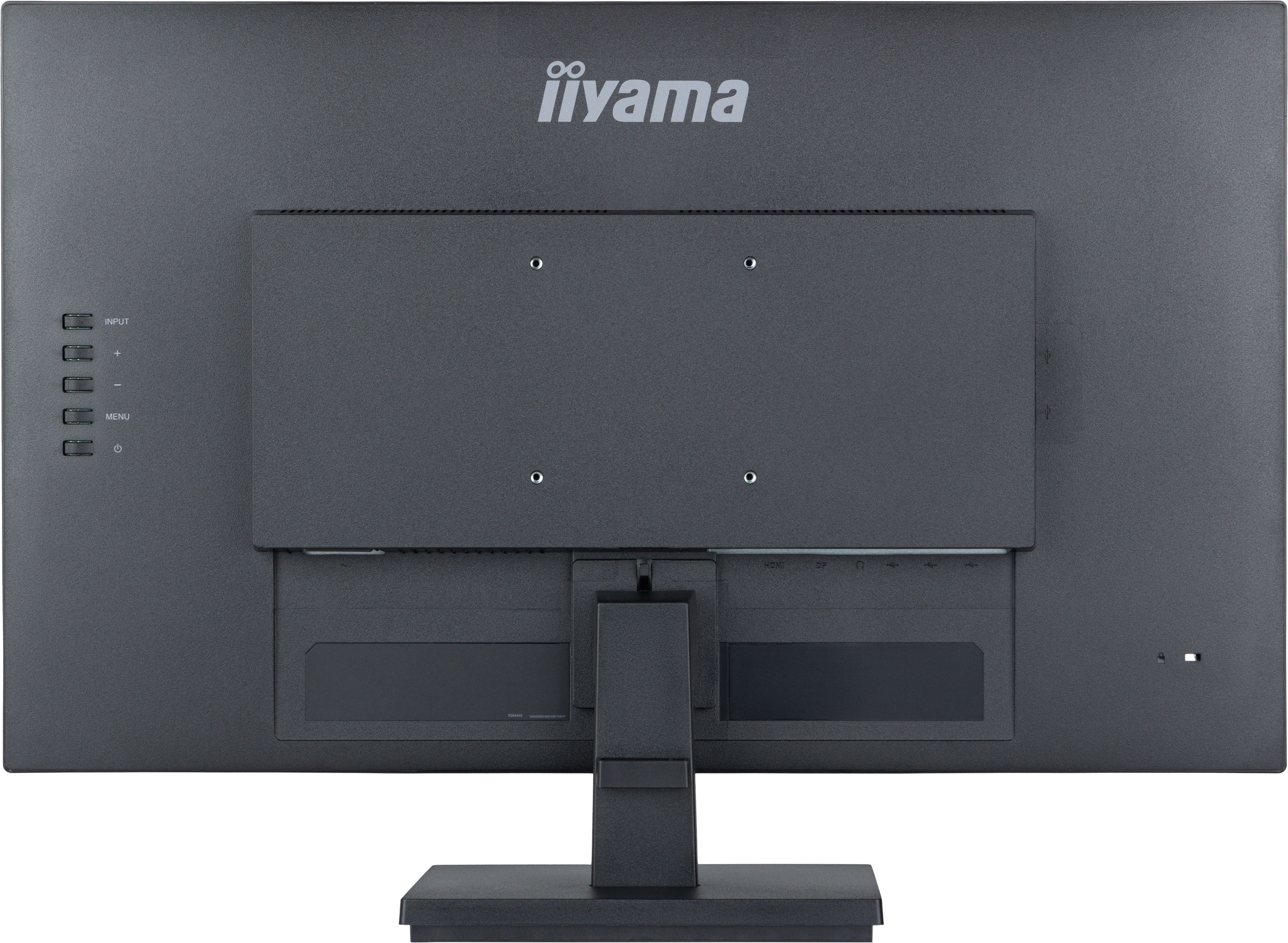 Tył czarnego monitora iiyama. Posiada płytę montażową, złącze podstawy i porty wejściowe. Widoczne logo iiyama.