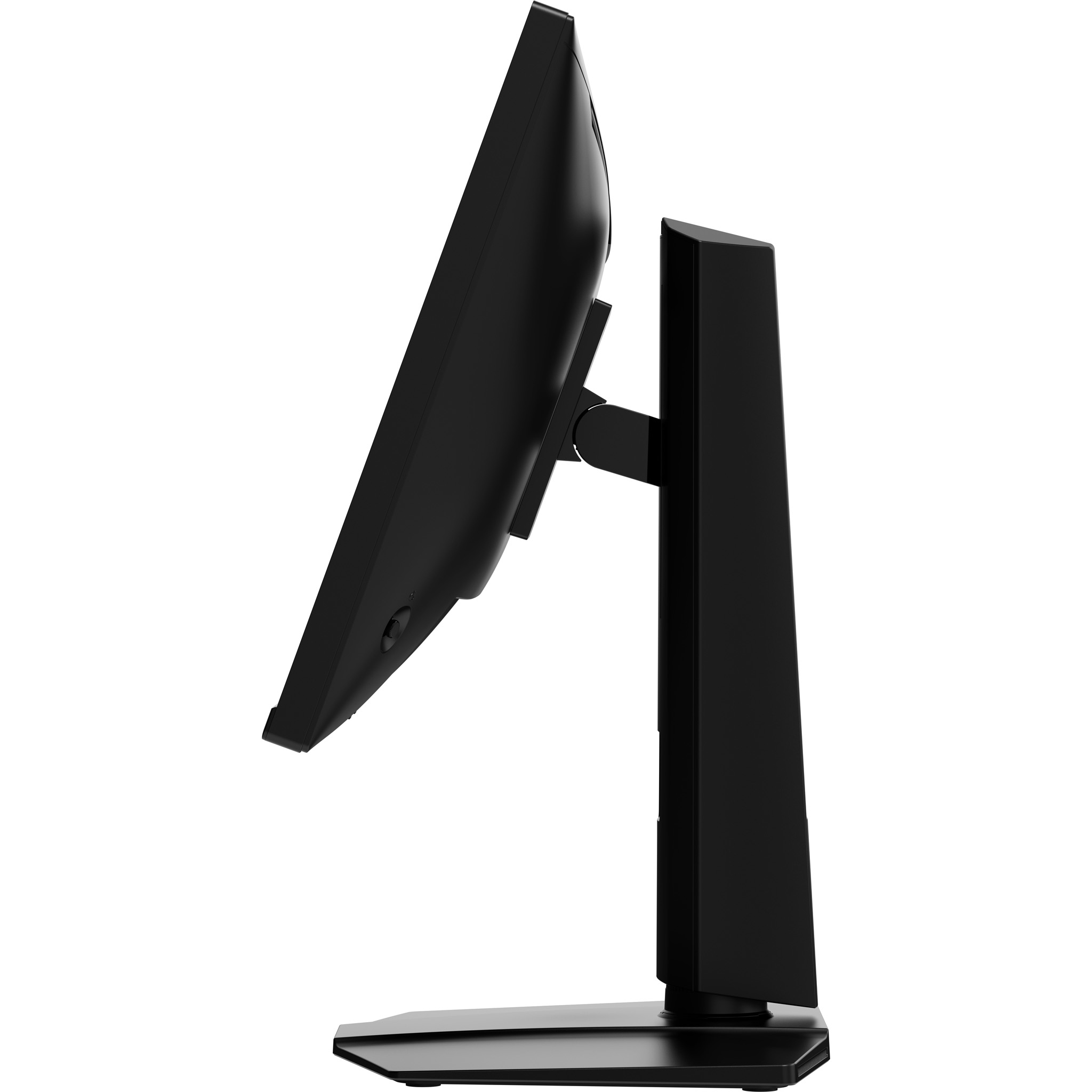 Widok z boku pochylonego czarnego monitora na czarnym stojaku.