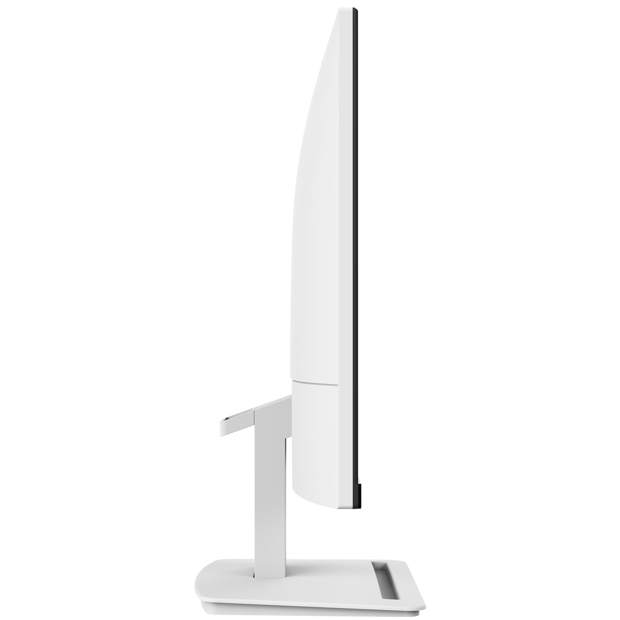 Monitor blanco, vista lateral. Diseño delgado. Soporte y base blancos. Borde negro alrededor de la pantalla.