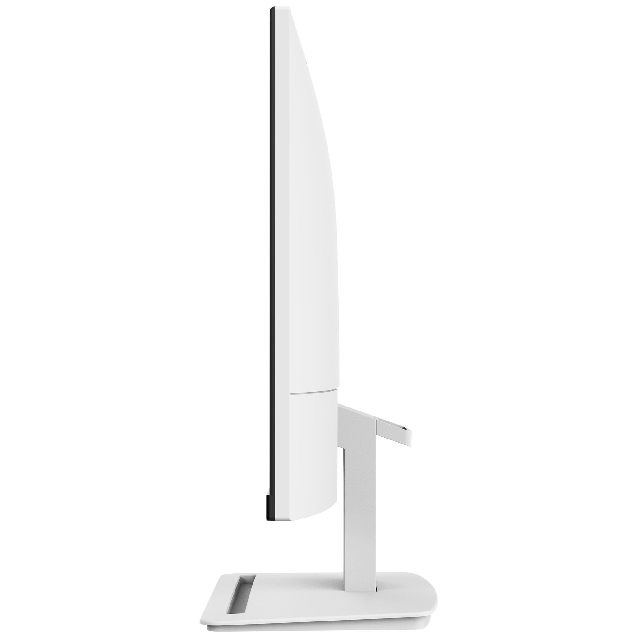 Un monitor blanco de lado con pantalla curva, soporte blanco y borde negro.