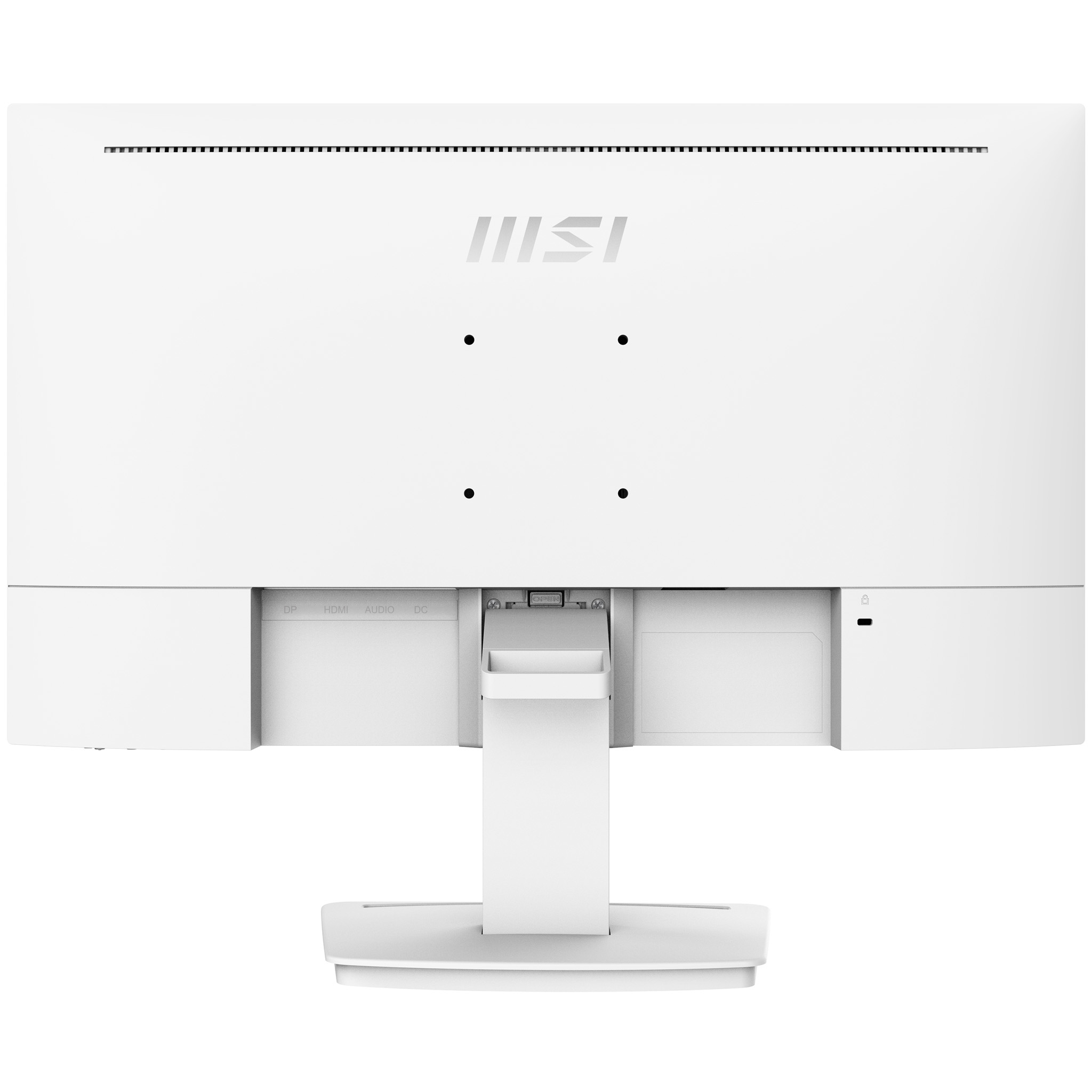 Parte trasera de un monitor blanco. Tiene puertos y el logotipo de MSI en la parte superior.