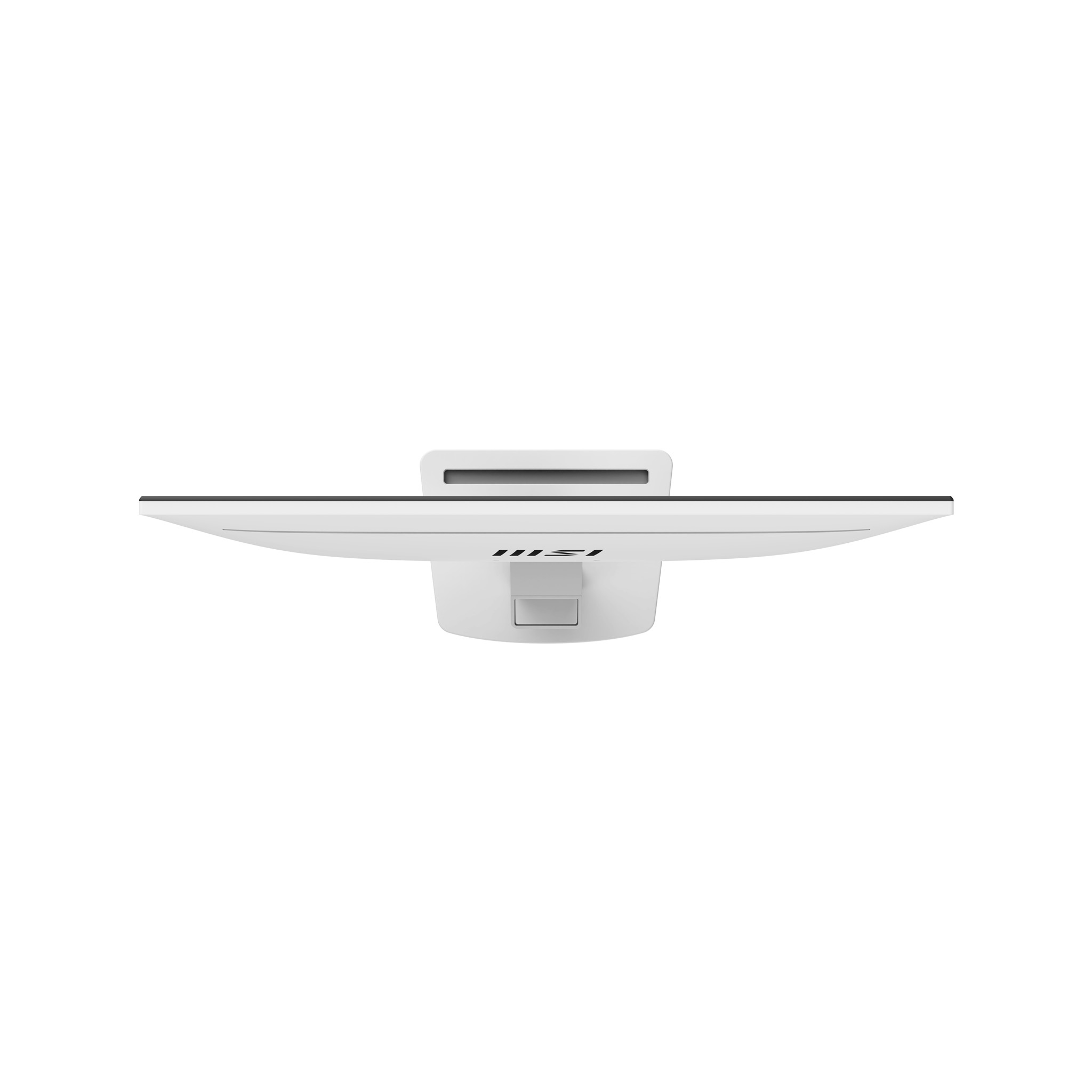 Vista superior de monitor blanco con soporte blanco. Fondo blanco.