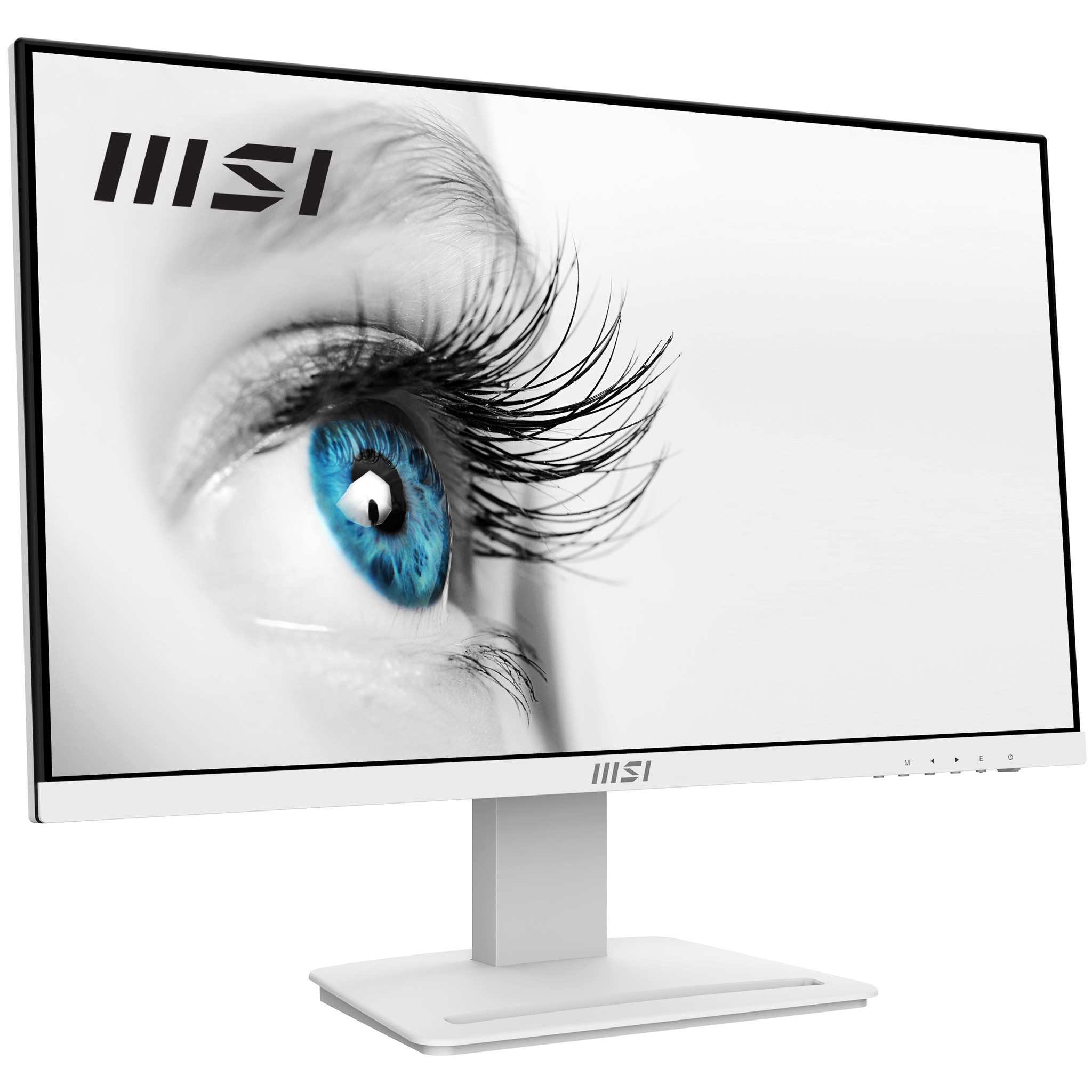 Monitor MSI blanco mostrando primer plano de mujer de ojos azules. Soporte blanco.