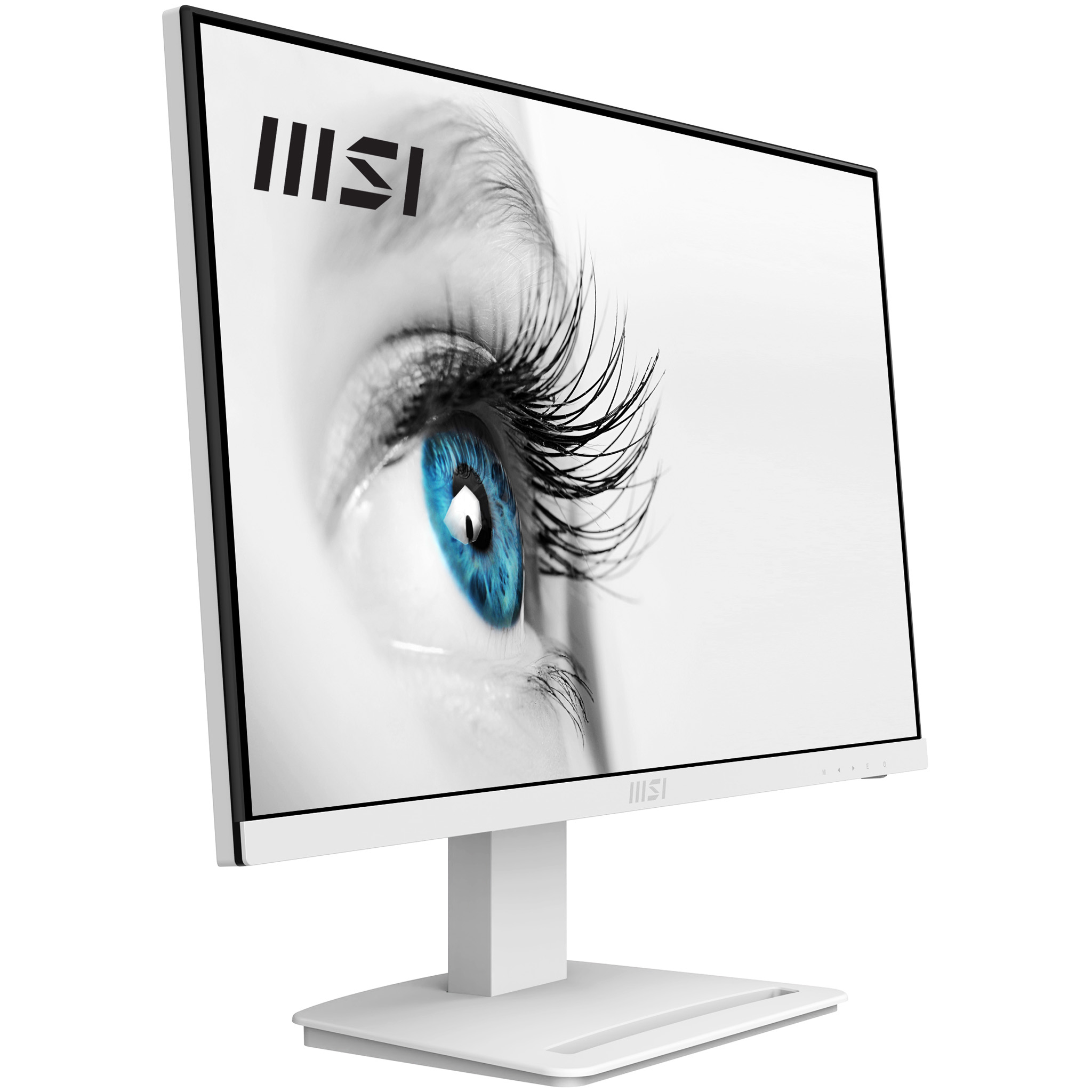 Monitor MSI blanco que muestra un primer plano de un ojo humano con iris azul y largas pestañas.