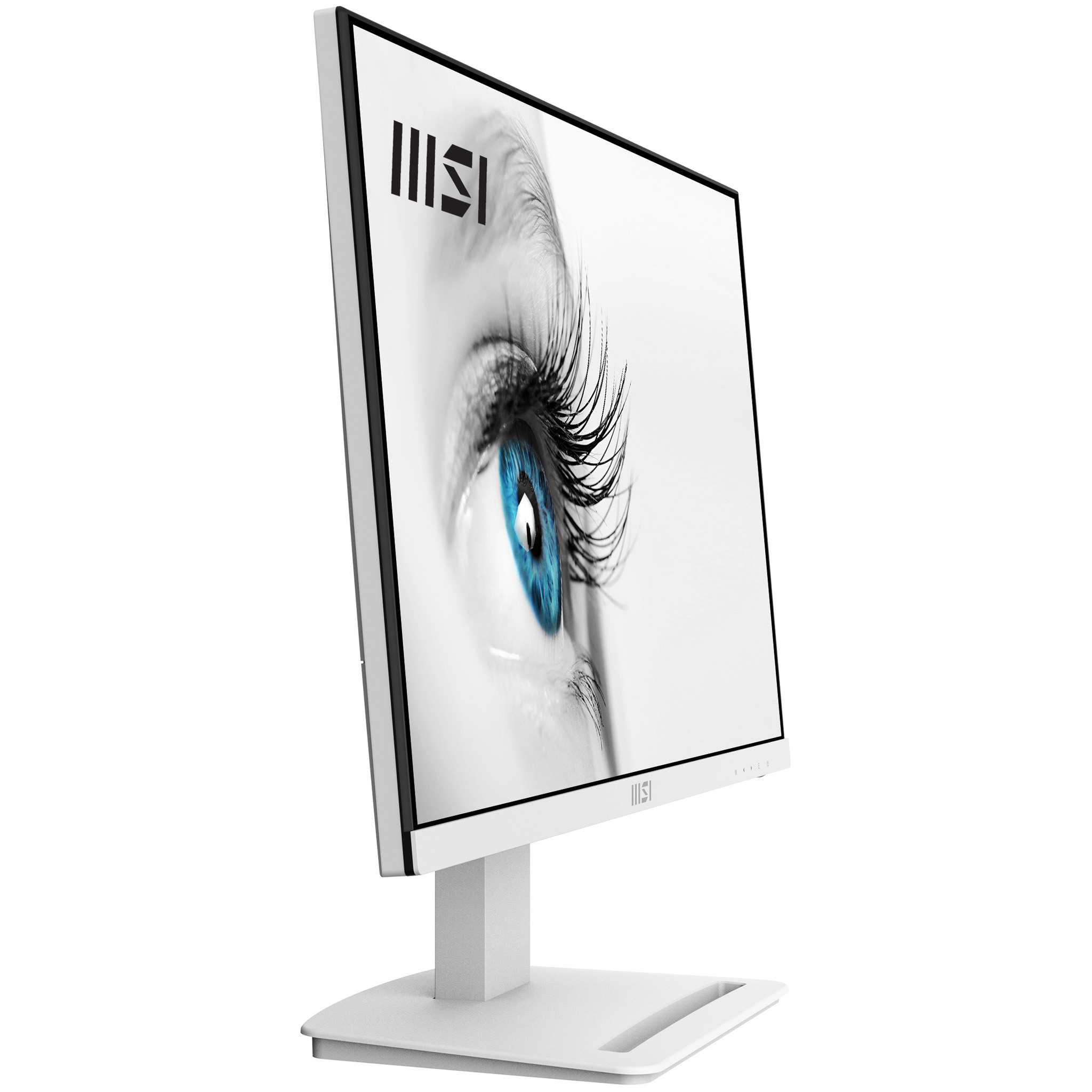 Vista lateral de un monitor MSI blanco. Mostrando un ojo. Fondo blanco.