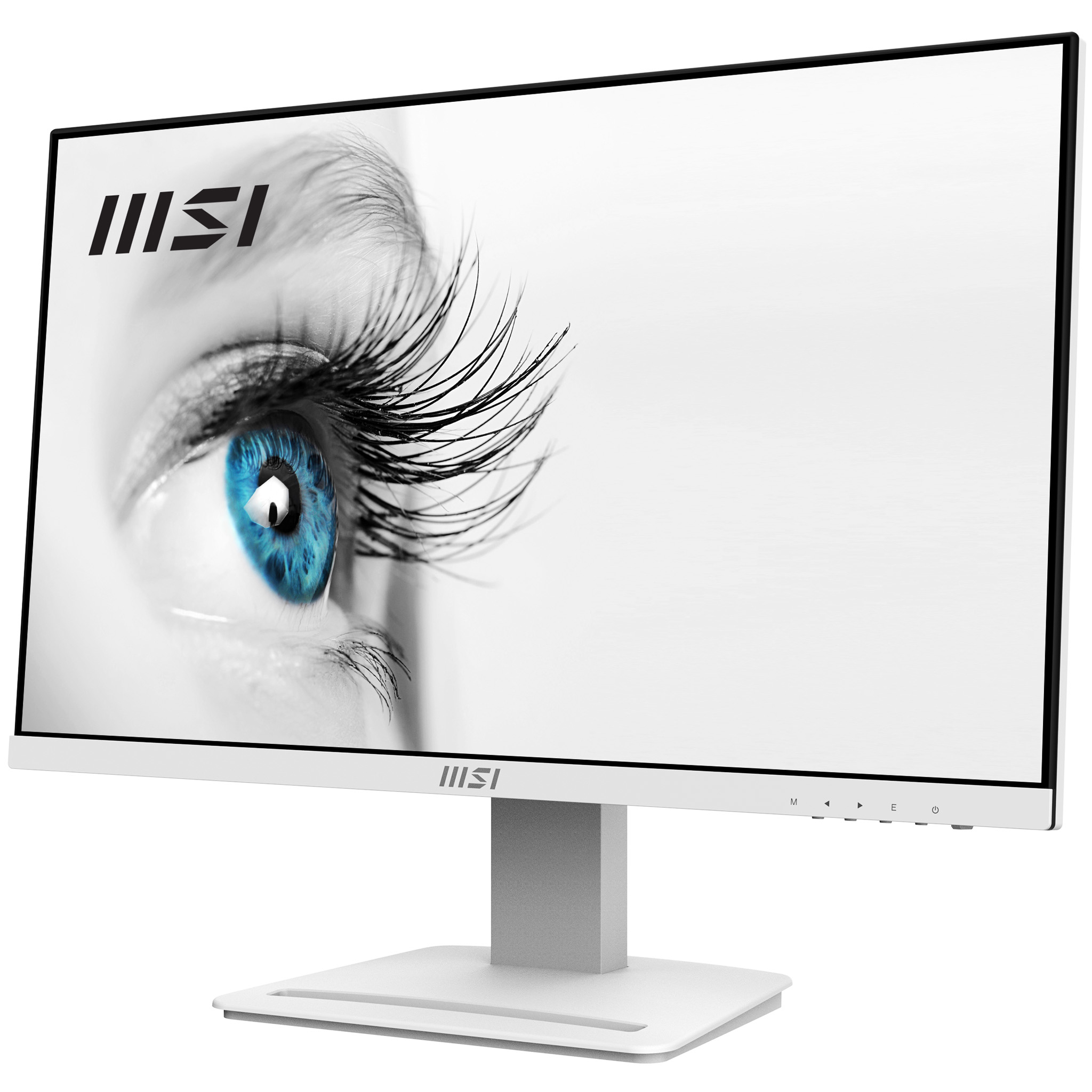 Monitor MSI, blanco, muestra un primer plano de un ojo azul. Fondo blanco, soporte blanco.
