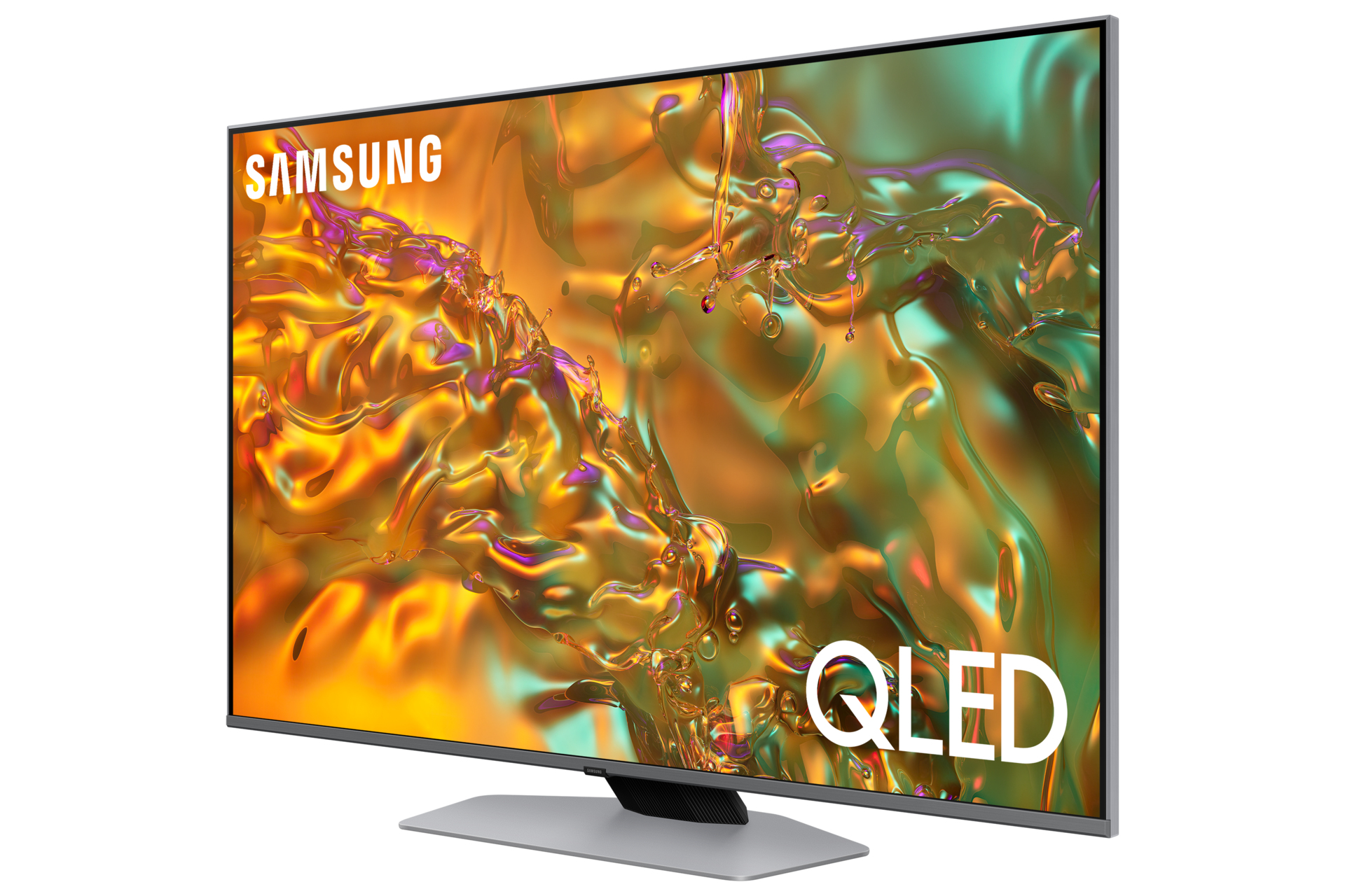 Telewizor Samsung QLED, wyświetlający abstrakcyjny obraz w kolorze żółto-zielonym. Ma srebrną podstawę.