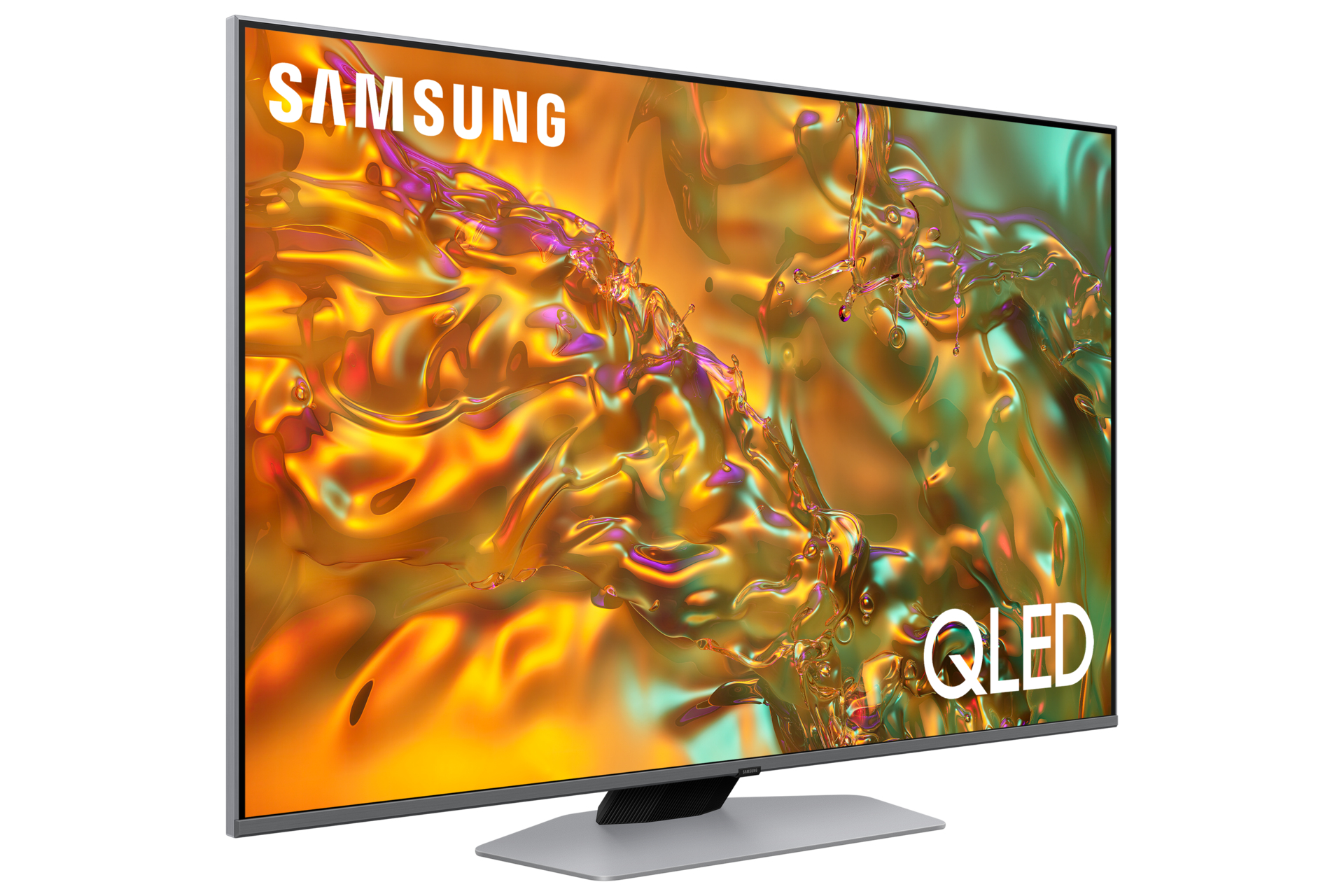 Telewizor Samsung QLED wyświetla abstrakcyjny, kolorowy obraz z widocznym logo QLED.